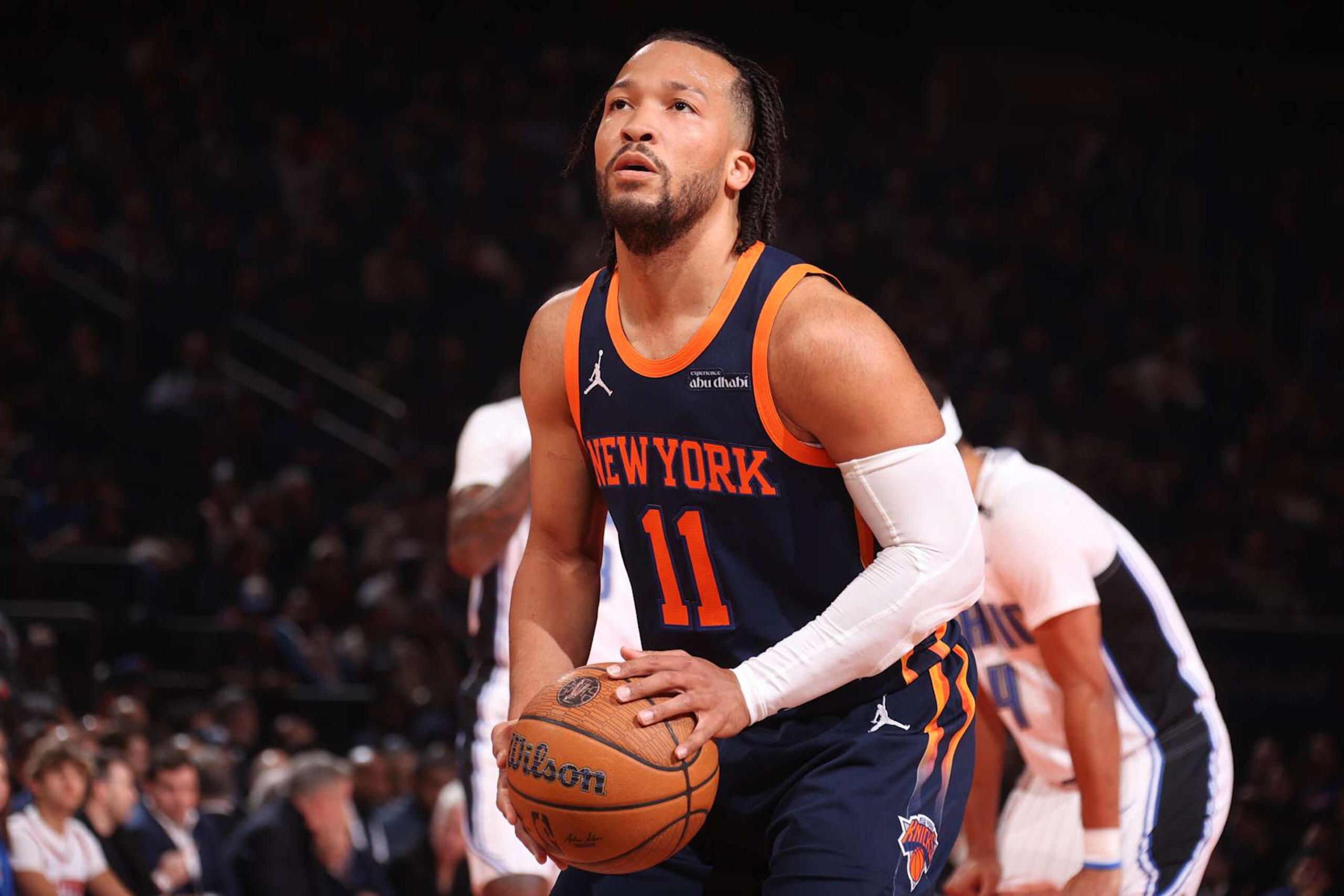 NEW YORK, NY - DECEMBER 3: Jalen Brunson #11 of the New York Knicks shoots a free throw during the game against the Orlando Magic during the Emirates NBA Cup on December 3, 2024 at Madison Square Garden in New York City, New York.  NOTE TO USER: User expressly acknowledges and agrees that, by downloading and or using this photograph, User is consenting to the terms and conditions of the Getty Images License Agreement. Mandatory Copyright Notice: Copyright 2024 NBAE  (Photo by Nathaniel S. Butler/NBAE via Getty Images)