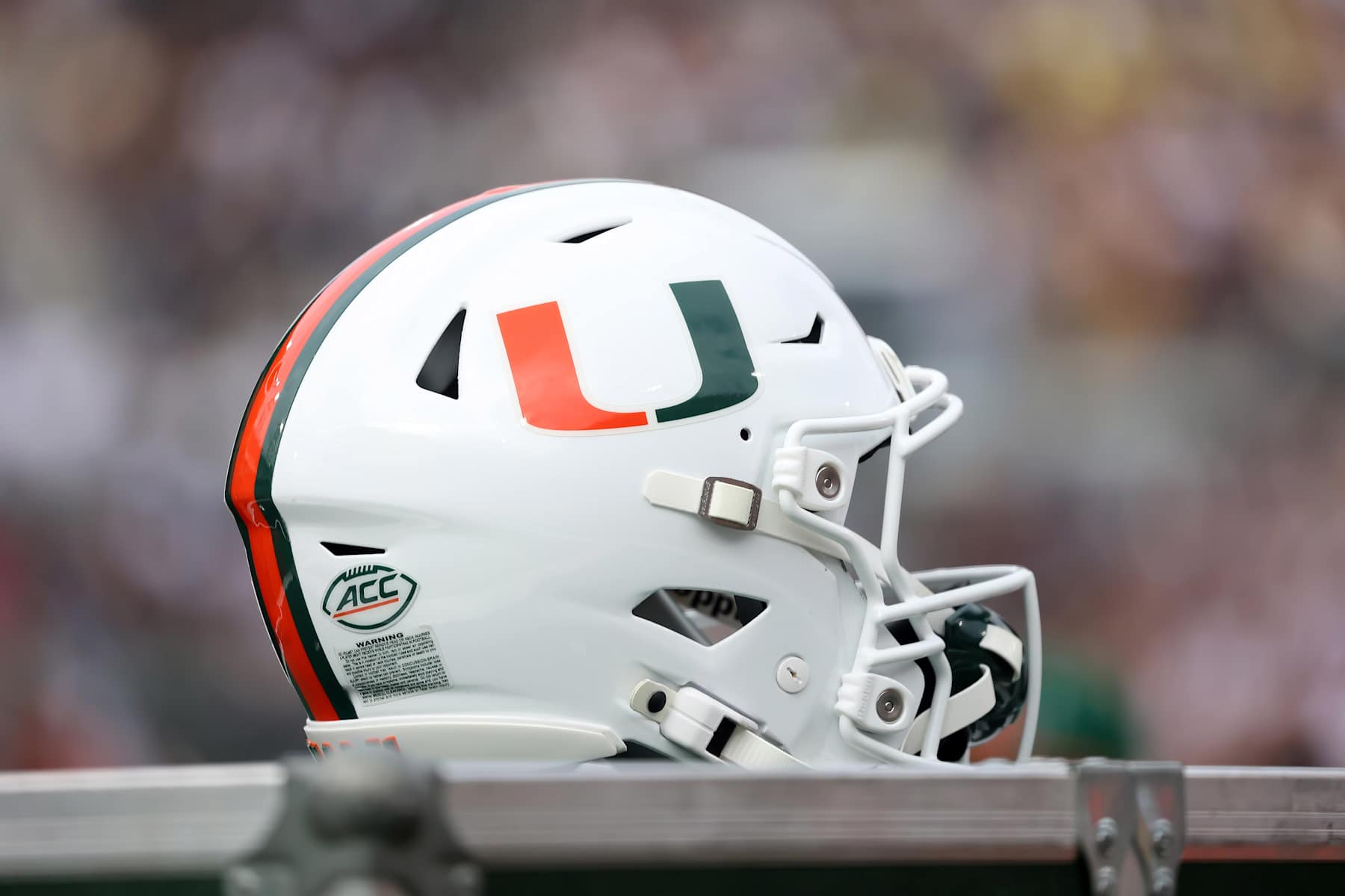 ATLANTA, GA - NOVEMBER 09: A general view of a Miami Hurricanes helmet during the game between the Georgia Tech Yellow Jackets and the Miami Hurricanes on November 9, 2024 at Bobby Dodd Stadium in Atlanta, Georgia. (Photo by Michael Wade/Icon Sportswire via Getty Images) ATLANTA, GA - NOVEMBER 09: A general view of a Miami Hurricanes helmet during the game between the Georgia Tech Yellow Jackets and the Miami Hurricanes on November 9, 2024 at Bobby Dodd Stadium in Atlanta, Georgia. (Photo by Michael Wade/Icon Sportswire via Getty Images)