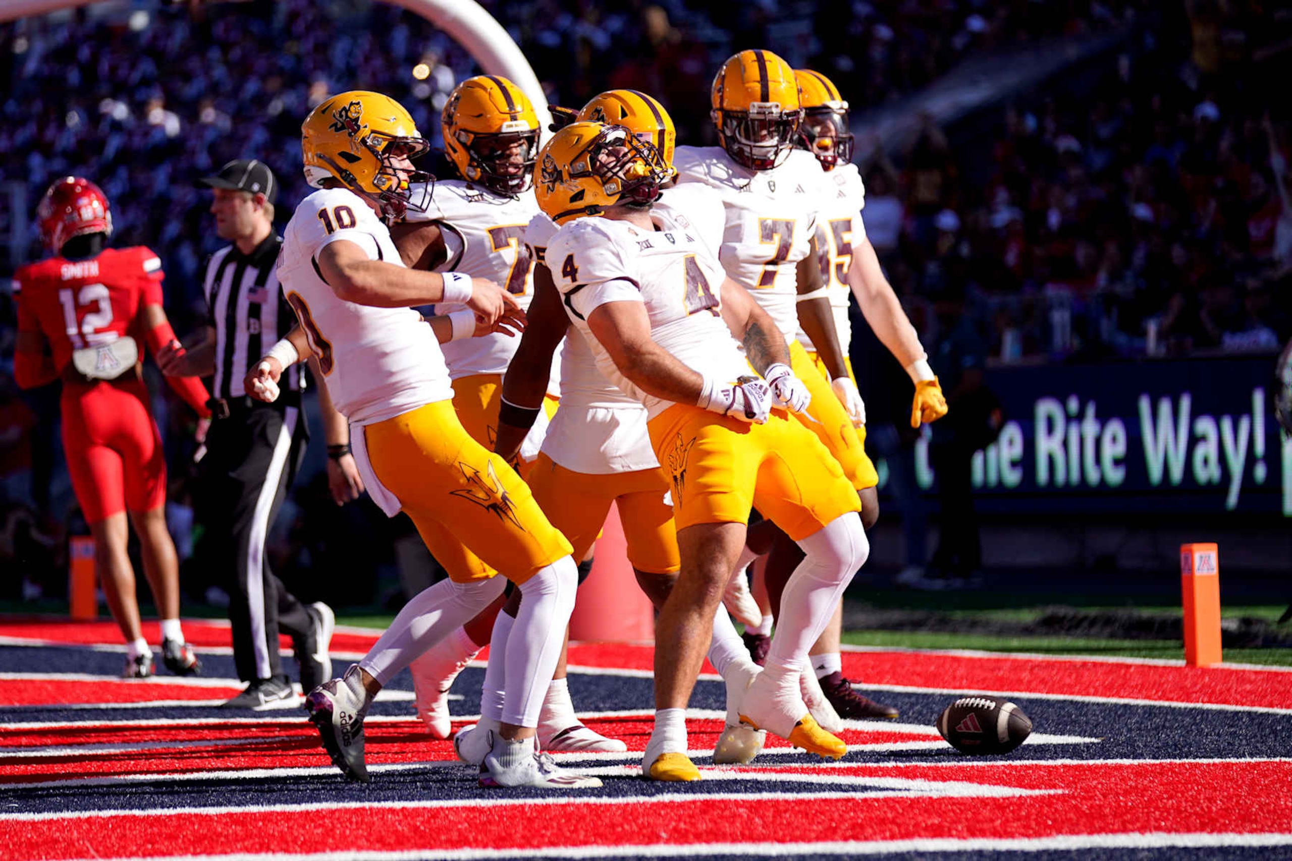 TUCSON, ARIZONA - NOVEMBER 30: Cam Skattebo #4 of Arizona State University celebrates in the endzone after scoring his second touchdown of the first quarter against the University of Arizona at Arizona Stadium on November 30, 2024, in Tucson, Arizona. (Photo by Patrick Mulligan/Getty Images)