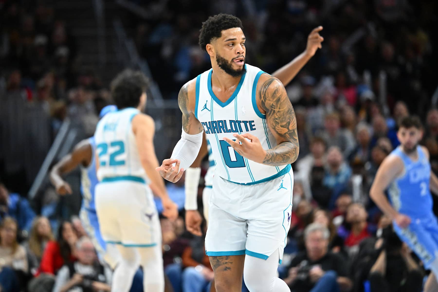CLEVELAND, OHIO - NOVEMBER 17: Miles Bridges #0 of the Charlotte Hornets celebrates during the second half against the Cleveland Cavaliers at Rocket Mortgage Fieldhouse on November 17, 2024 in Cleveland, Ohio. The Cavaliers defeated the Hornets 128-114. NOTE TO USER: User expressly acknowledges and agrees that, by downloading and or using this photograph, User is consenting to the terms and conditions of the Getty Images License Agreement. (Photo by Jason Miller/Getty Images)