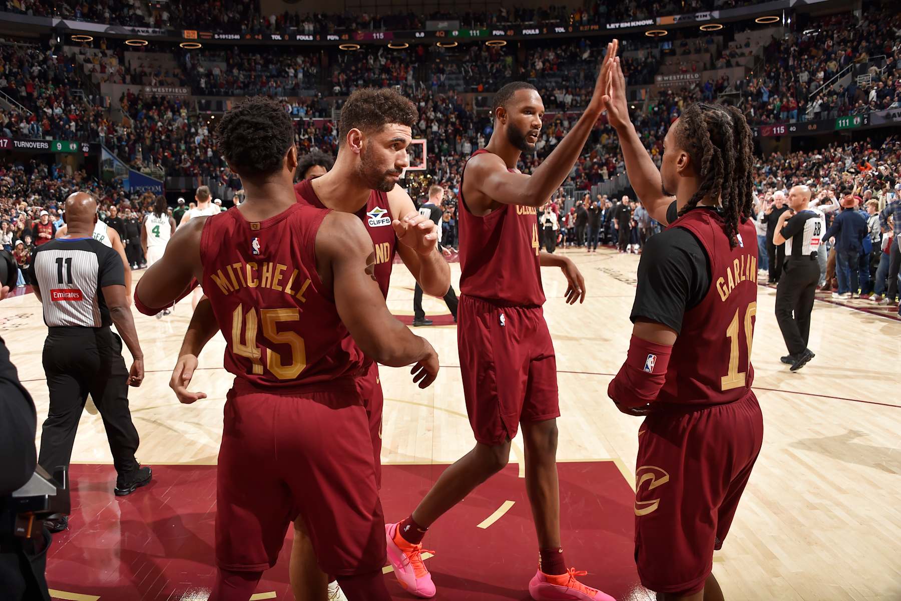 CLEVELAND, OH - DECEMBER 1: Donovan Mitchell #45 and Georges Niang #20 of the Cleveland Cavaliers embrace after the game against the Boston Celtics on December 1, 2024 at Rocket Mortgage FieldHouse in Cleveland, Ohio. NOTE TO USER: User expressly acknowledges and agrees that, by downloading and/or using this Photograph, user is consenting to the terms and conditions of the Getty Images License Agreement. Mandatory Copyright Notice: Copyright 2024 NBAE (Photo by David Liam Kyle/NBAE via Getty Images)