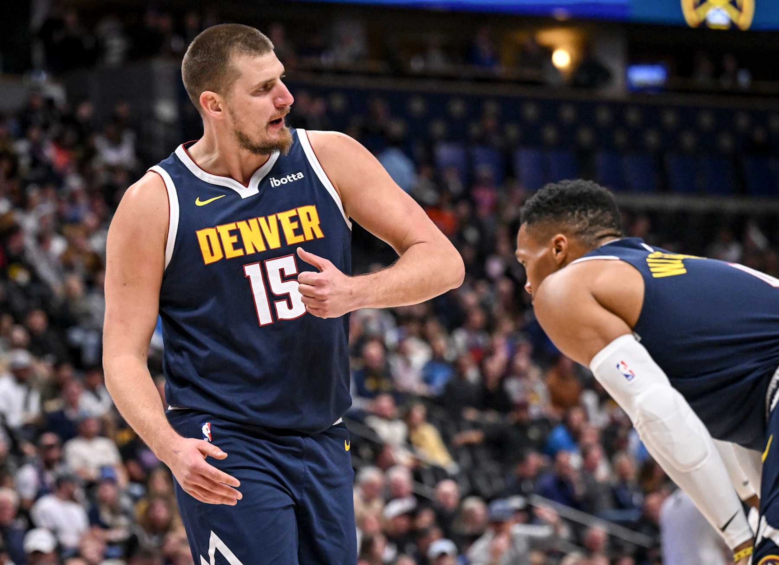 DENVER, CO - NOVEMBER 6: Nikola Jokic (15) of the Denver Nuggets jaws with the officiating crew after a foul call on Michael Porter Jr. (1) during the first quarter against the Oklahoma City Thunderat Ball Arena in Denver, Colorado on Wednesday, November 6, 2024. (Photo by AAron Ontiveroz/The Denver Post)