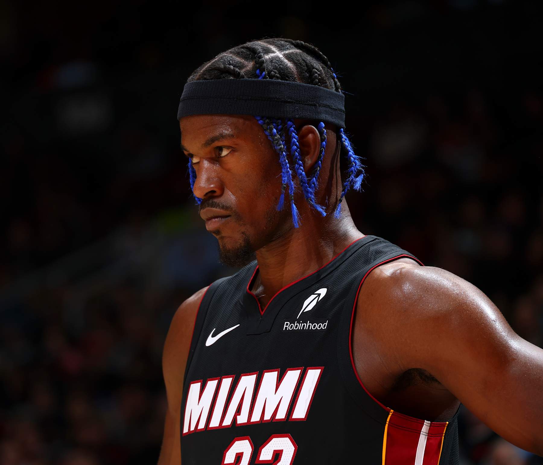 TORONTO, CANADA - DECEMBER 01:  Jimmy Butler #22 of the Miami Heat looks on during the game against the Toronto Raptors on December 1, 2024 at the Scotiabank Arena in Toronto, Ontario, Canada.  NOTE TO USER: User expressly acknowledges and agrees that, by downloading and or using this Photograph, user is consenting to the terms and conditions of the Getty Images License Agreement.  Mandatory Copyright Notice: Copyright 2024 NBAE (Photo by Vaughn Ridley/NBAE via Getty Images)