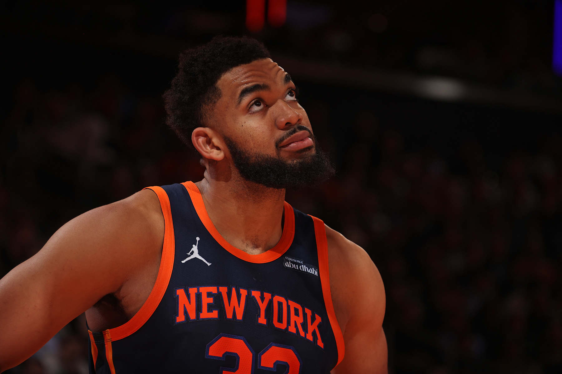 NEW YORK, NY - DECEMBER 3: Karl-Anthony Towns #32 of the New York Knicks looks on during the game against the Orlando Magic during the Emirates NBA Cup on December 3, 2024 at Madison Square Garden in New York City, New York.  NOTE TO USER: User expressly acknowledges and agrees that, by downloading and or using this photograph, User is consenting to the terms and conditions of the Getty Images License Agreement. Mandatory Copyright Notice: Copyright 2024 NBAE  (Photo by Nathaniel S. Butler/NBAE via Getty Images)