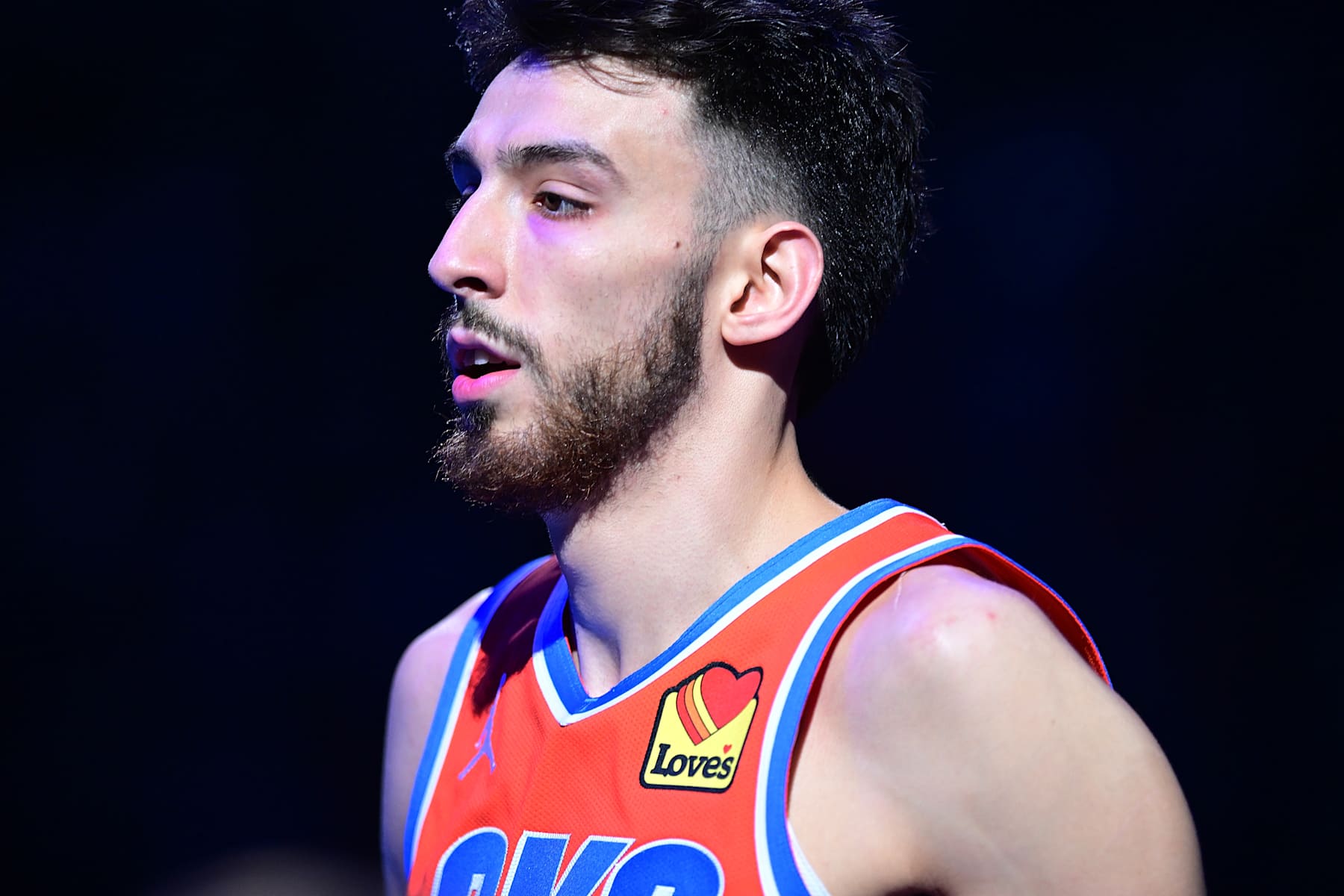OKLAHOMA CITY, OKLAHOMA - NOVEMBER 10: Chet Holmgren #7 of the Oklahoma City Thunder takes the floor during pregame against the Golden State Warriors at Paycom Center on November 10, 2024 in Oklahoma City, Oklahoma. NOTE TO USER: User expressly acknowledges and agrees that, by downloading and or using this photograph, User is consenting to the terms and conditions of the Getty Images License Agreement. (Photo by Joshua Gateley/Getty Images)