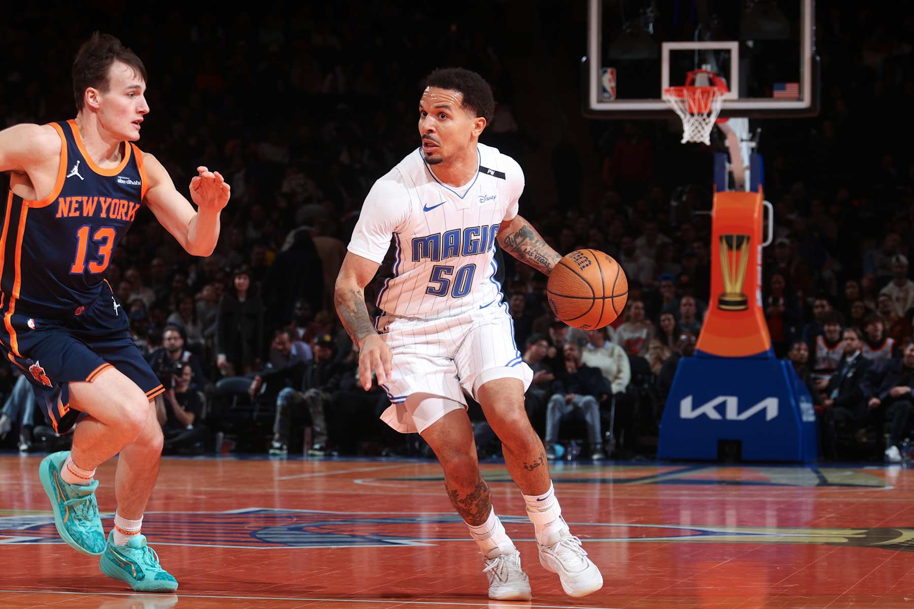 NEW YORK, NY - DECEMBER 3: Cole Anthony #50 of the Orlando Magic drives to the basket during the game against the New York Knicks during the Emirates NBA Cup on December 3, 2024 at Madison Square Garden in New York City, New York.  NOTE TO USER: User expressly acknowledges and agrees that, by downloading and or using this photograph, User is consenting to the terms and conditions of the Getty Images License Agreement. Mandatory Copyright Notice: Copyright 2024 NBAE  (Photo by Nathaniel S. Butler/NBAE via Getty Images)
