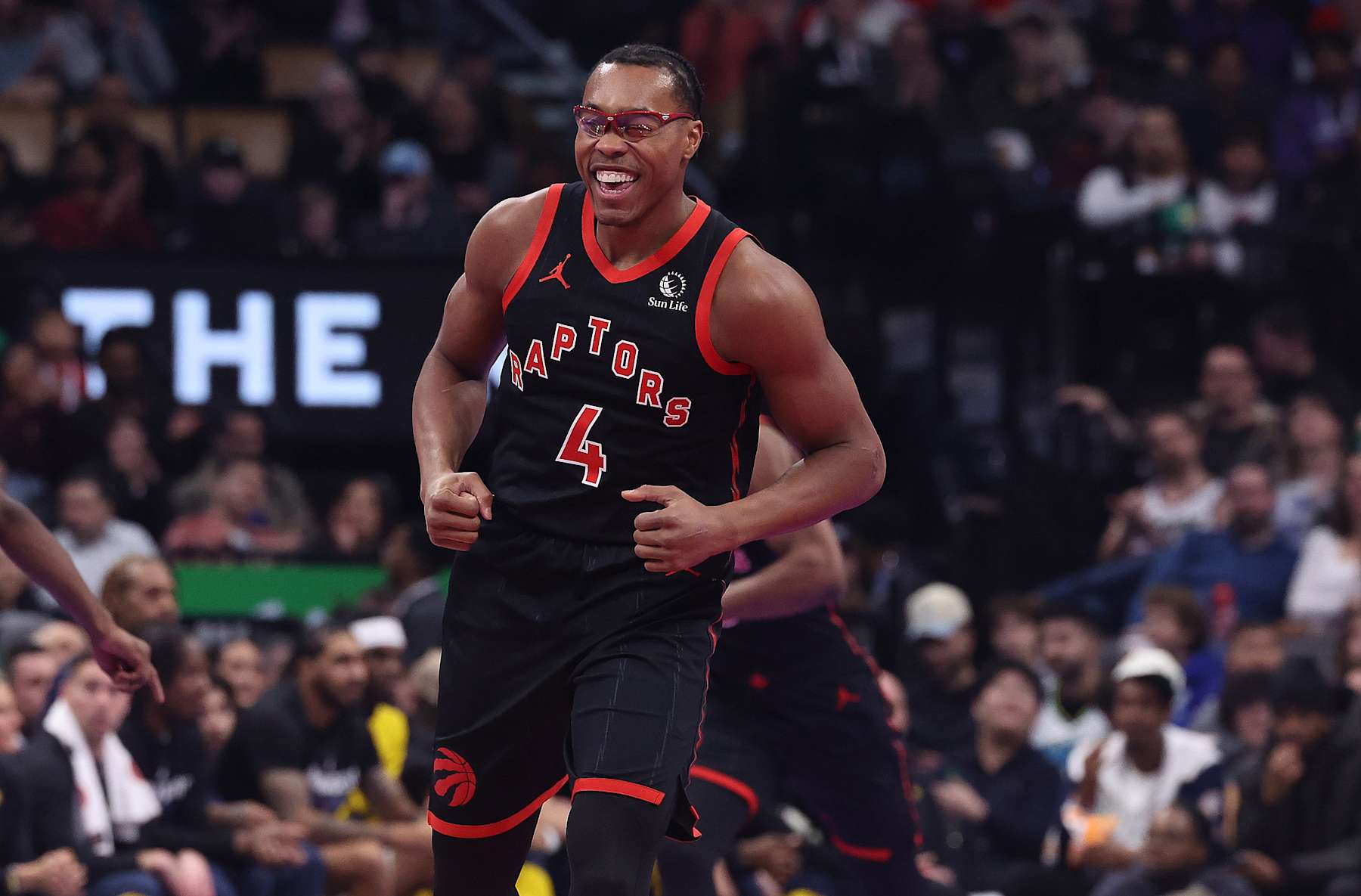 TORONTO, ON - DECEMBER 3  -  Toronto Raptors forward Scottie Barnes (4) celebrates after scoring a basket as the Toronto Raptors play the Indiana Pacers at Scotiabank Arena in Toronto. December 3, 2024.  (Photo by Steve Russell/Toronto Star via Getty Images)