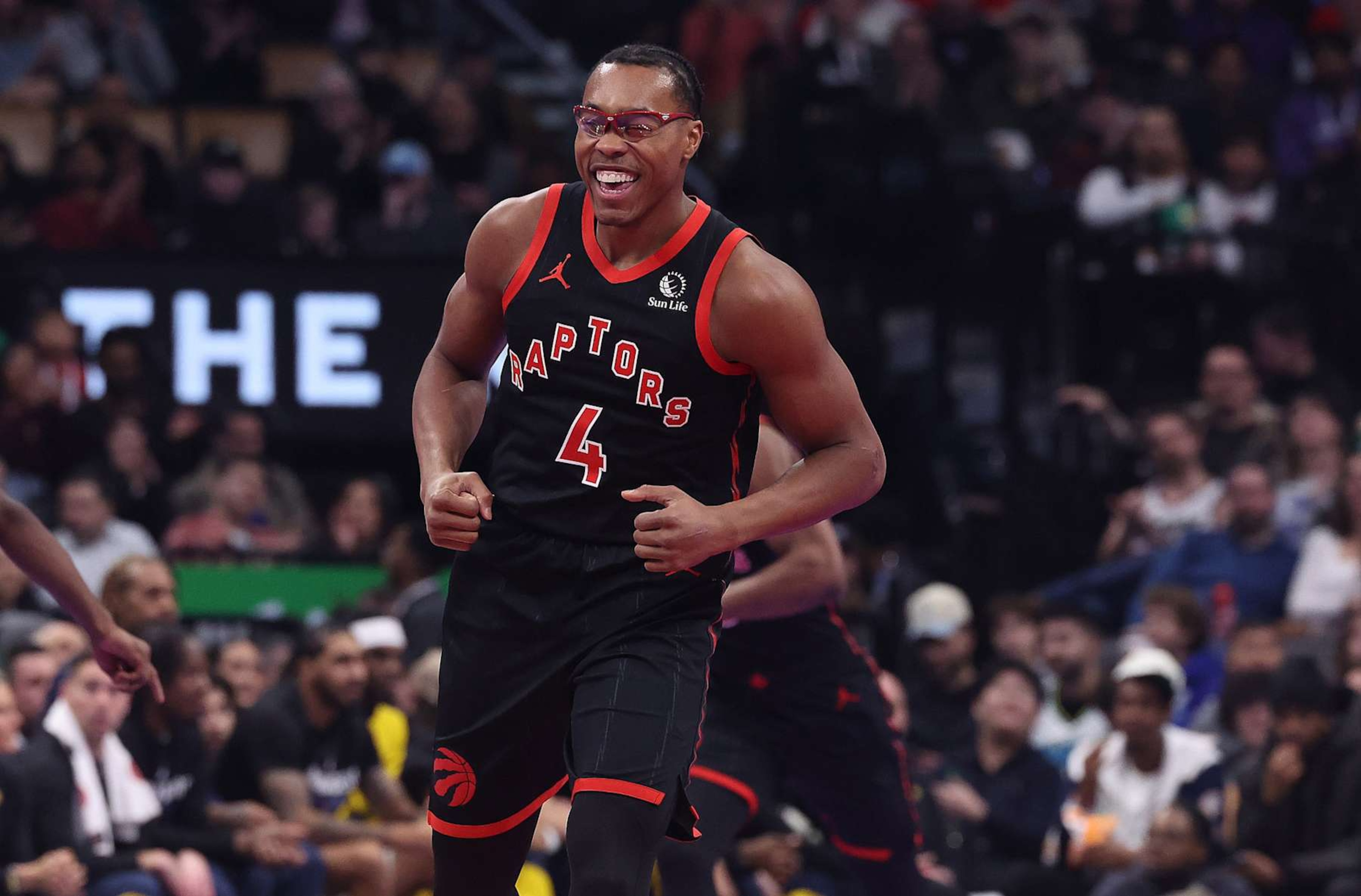 TORONTO, ON - DECEMBER 3  -  Toronto Raptors forward Scottie Barnes (4) celebrates after scoring a basket as the Toronto Raptors play the Indiana Pacers at Scotiabank Arena in Toronto. December 3, 2024.  (Photo by Steve Russell/Toronto Star via Getty Images)