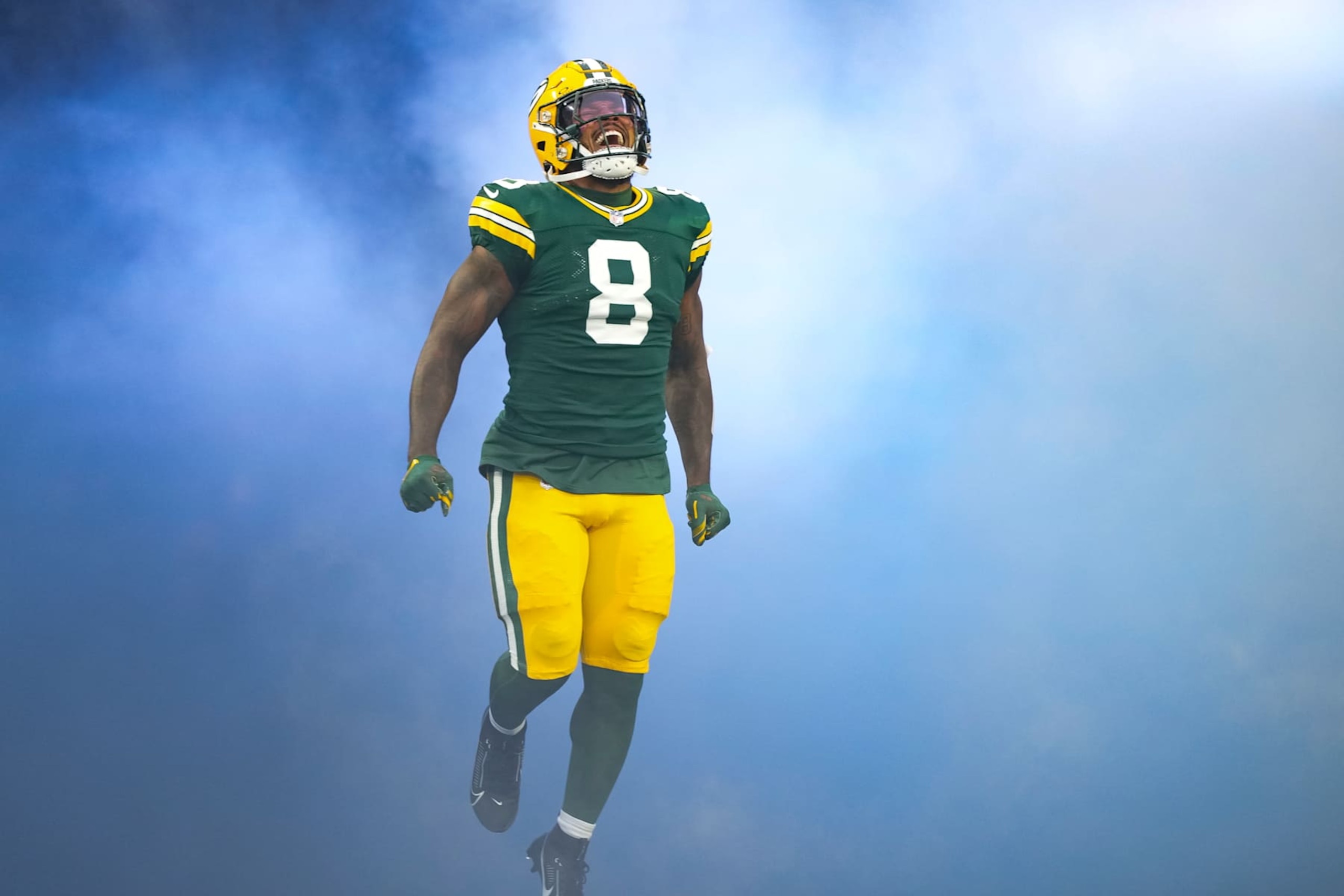 GREEN BAY, WISCONSIN - NOVEMBER 24: Running back Josh Jacobs #8 of the Green Bay Packers enters the field prior to an NFL football game against the San Francisco 49ers, at Lambeau Field on November 24, 2024 in Green Bay, Wisconsin. (Photo by Todd Rosenberg/Getty Images)