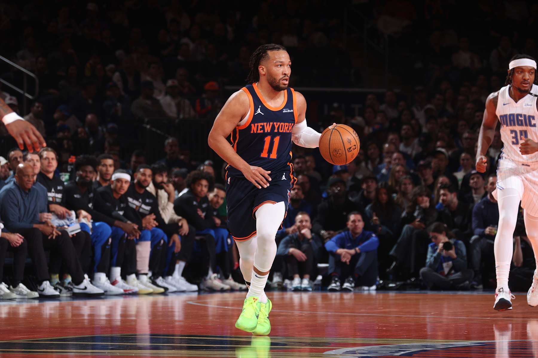 NEW YORK, NY - DECEMBER 3: Jalen Brunson #11 of the New York Knicks dribbles the ball during the game against the Orlando Magic during the Emirates NBA Cup on December 3, 2024 at Madison Square Garden in New York City, New York.  NOTE TO USER: User expressly acknowledges and agrees that, by downloading and or using this photograph, User is consenting to the terms and conditions of the Getty Images License Agreement. Mandatory Copyright Notice: Copyright 2024 NBAE  (Photo by Nathaniel S. Butler/NBAE via Getty Images)