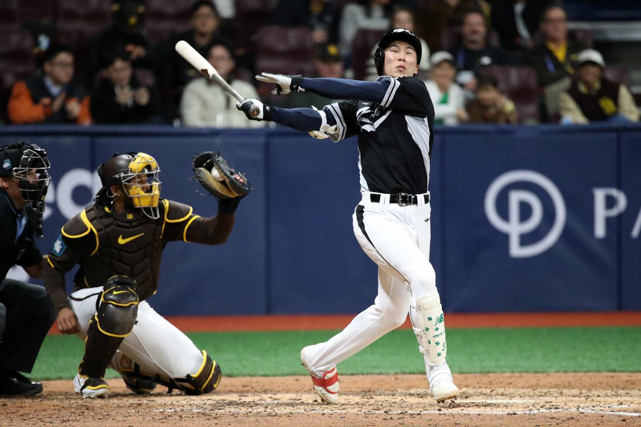 SEOUL, SOUTH KOREA - MARCH 17: Kim Hye-seong #3 of Team Korea strikes out in the 6th inning during the exhibition game between Team Korea and San Diego Padres at Gocheok Sky Dome on March 17, 2024 in Seoul, South Korea. (Photo by Chung Sung-Jun/Getty Images)
