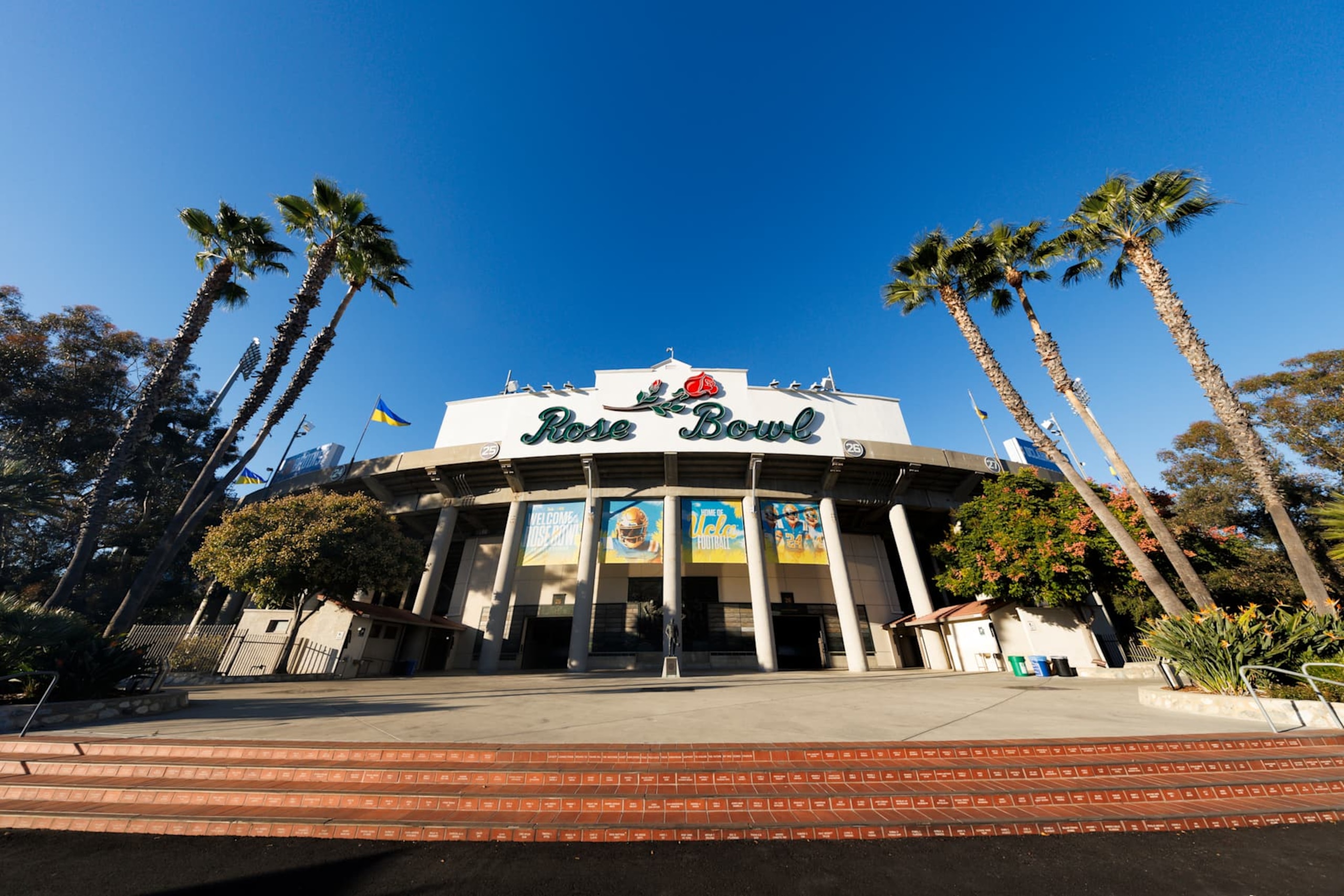 PASADENA, CALIFORNIA - NOVEMBER 8: A general view of the exterior of the stadium before a game between Iowa Hawkeyes and UCLA Bruins at Rose Bowl Stadium on November 8, 2024 in Pasadena, California. (Photo by Ric Tapia/Getty Images)