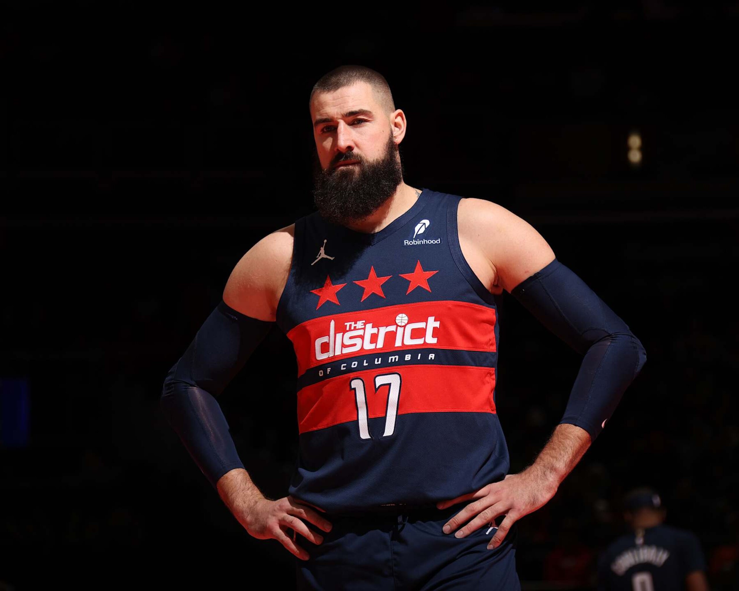 WASHINGTON, DC -  NOVEMBER 26: Jonas Valanciunas #17 of the Washington Wizards looks on during the game against the Chicago Bulls during the Emirates NBA Cup game on November 26, 2024 at Capital One Arena in Washington, DC. NOTE TO USER: User expressly acknowledges and agrees that, by downloading and or using this Photograph, user is consenting to the terms and conditions of the Getty Images License Agreement. Mandatory Copyright Notice: Copyright 2024 NBAE (Photo by Stephen Gosling/NBAE via Getty Images)