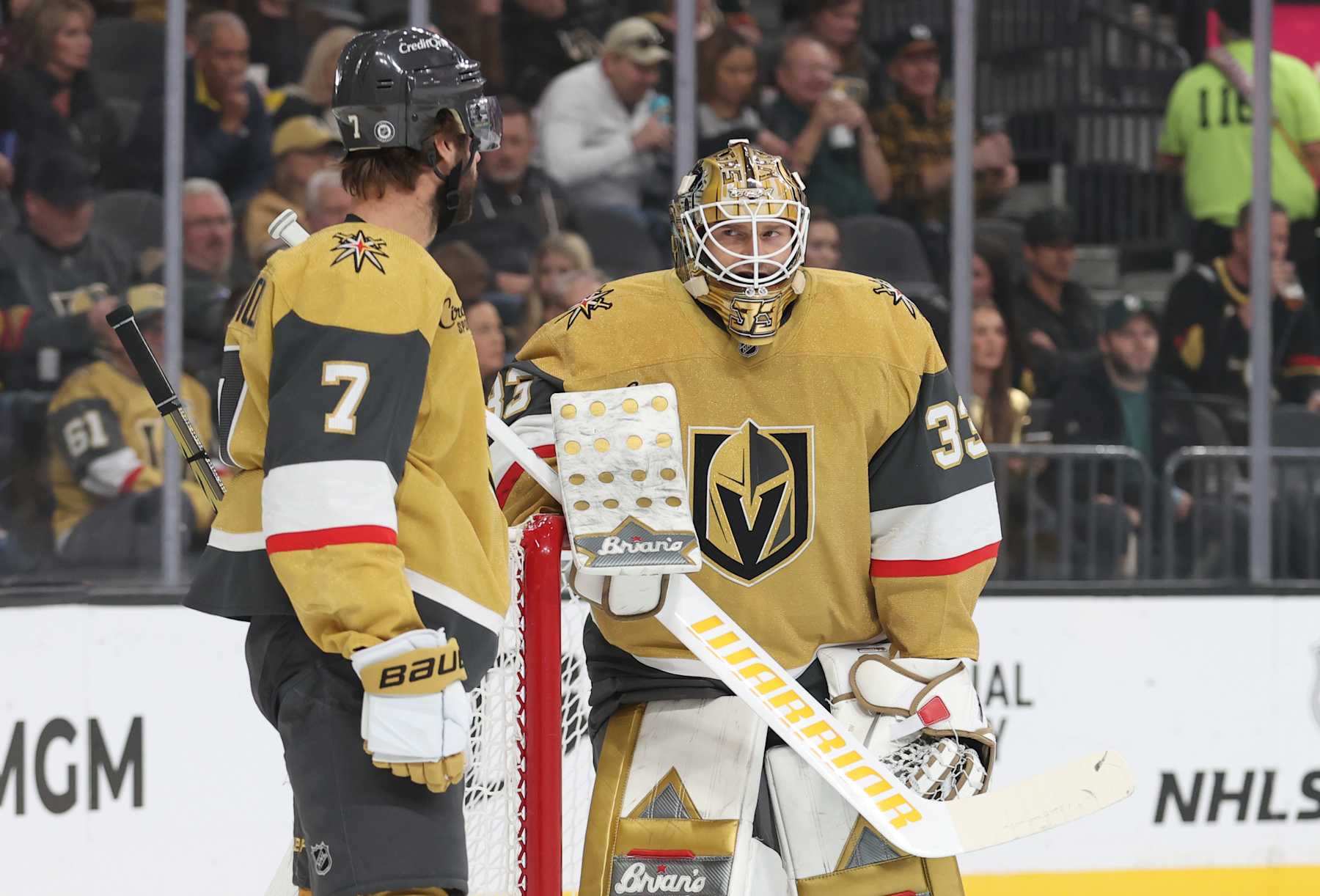 LAS VEGAS, NEVADA - OCTOBER 28: Alex Pietrangelo #7 of the Vegas Golden Knights talks with Adin Hill #33 during the first period against the Calgary Flames at T-Mobile Arena on October 28, 2024 in Las Vegas, Nevada. (Photo by Zak Krill/NHLI via Getty Images)