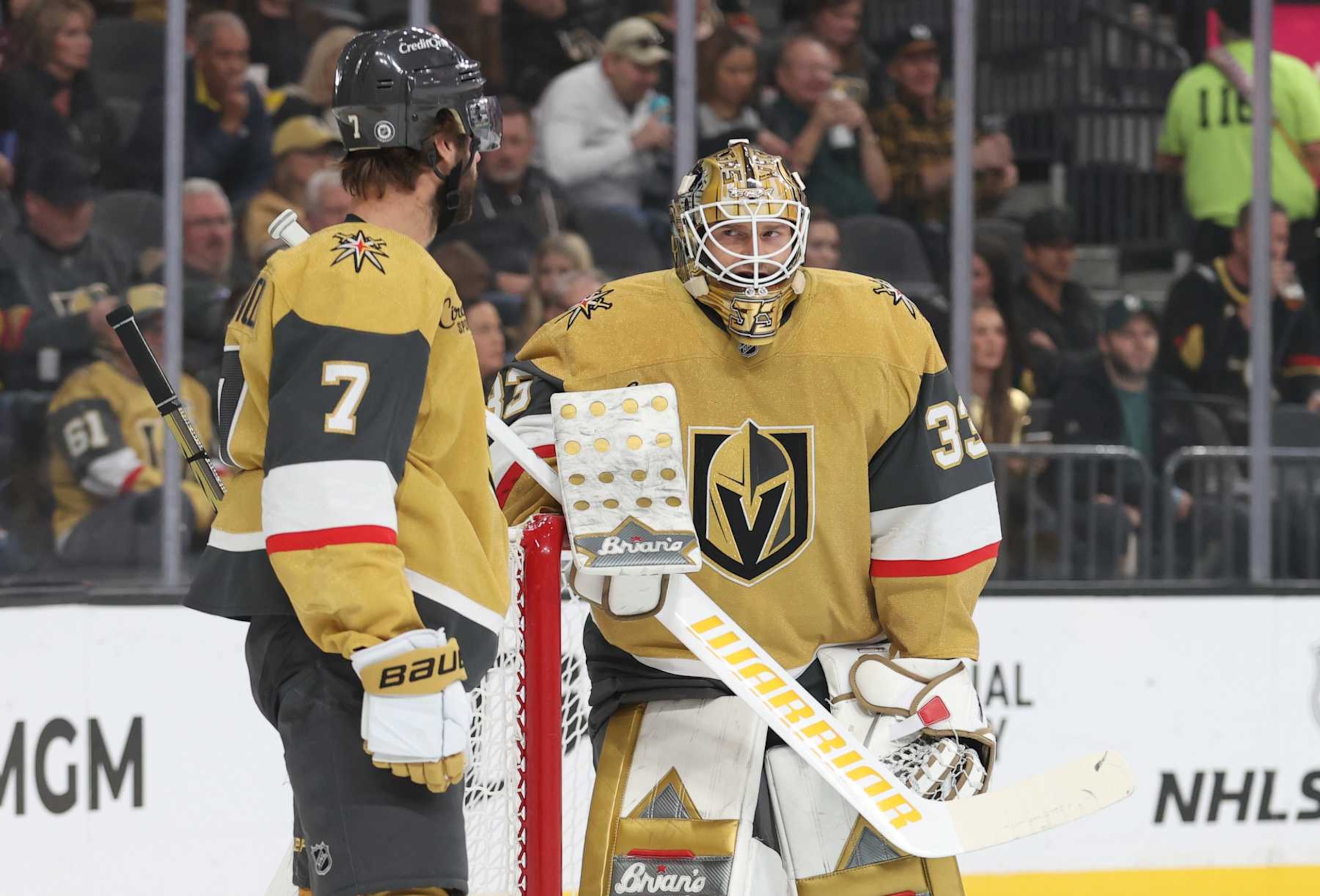 LAS VEGAS, NEVADA - OCTOBER 28: Alex Pietrangelo #7 of the Vegas Golden Knights talks with Adin Hill #33 during the first period against the Calgary Flames at T-Mobile Arena on October 28, 2024 in Las Vegas, Nevada. (Photo by Zak Krill/NHLI via Getty Images) LAS VEGAS, NEVADA - OCTOBER 28: Alex Pietrangelo #7 of the Vegas Golden Knights talks with Adin Hill #33 during the first period against the Calgary Flames at T-Mobile Arena on October 28, 2024 in Las Vegas, Nevada. (Photo by Zak Krill/NHLI via Getty Images)