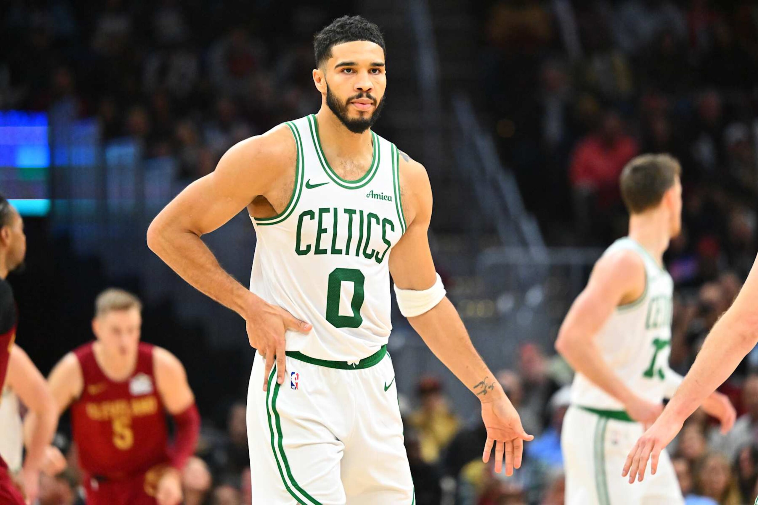 CLEVELAND, OHIO - DECEMBER 01: Jayson Tatum #0 of the Boston Celtics celebrates during the third quarter against the Cleveland Cavaliers at Rocket Mortgage Fieldhouse on December 01, 2024 in Cleveland, Ohio. The Cavaliers defeated the Celtics 115-111. NOTE TO USER: User expressly acknowledges and agrees that, by downloading and or using this photograph, User is consenting to the terms and conditions of the Getty Images License Agreement. (Photo by Jason Miller/Getty Images)