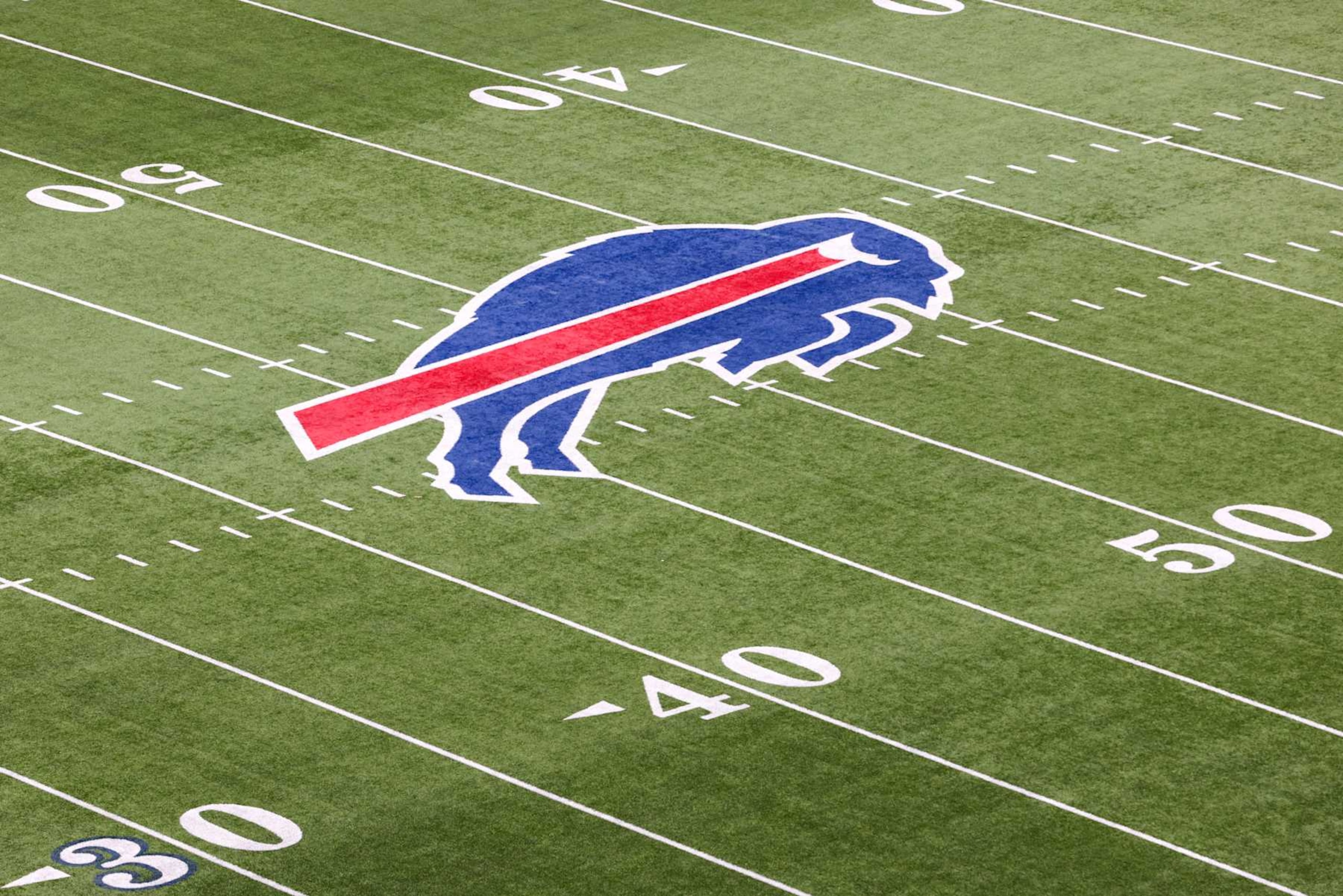 ORCHARD PARK, NEW YORK - JANUARY 22: The Buffalo Bills logo is seen on the field prior to a game against the Cincinnati Bengals in the AFC Divisional Playoff game at Highmark Stadium on January 22, 2023 in Orchard Park, New York. (Photo by Bryan M. Bennett/Getty Images)
