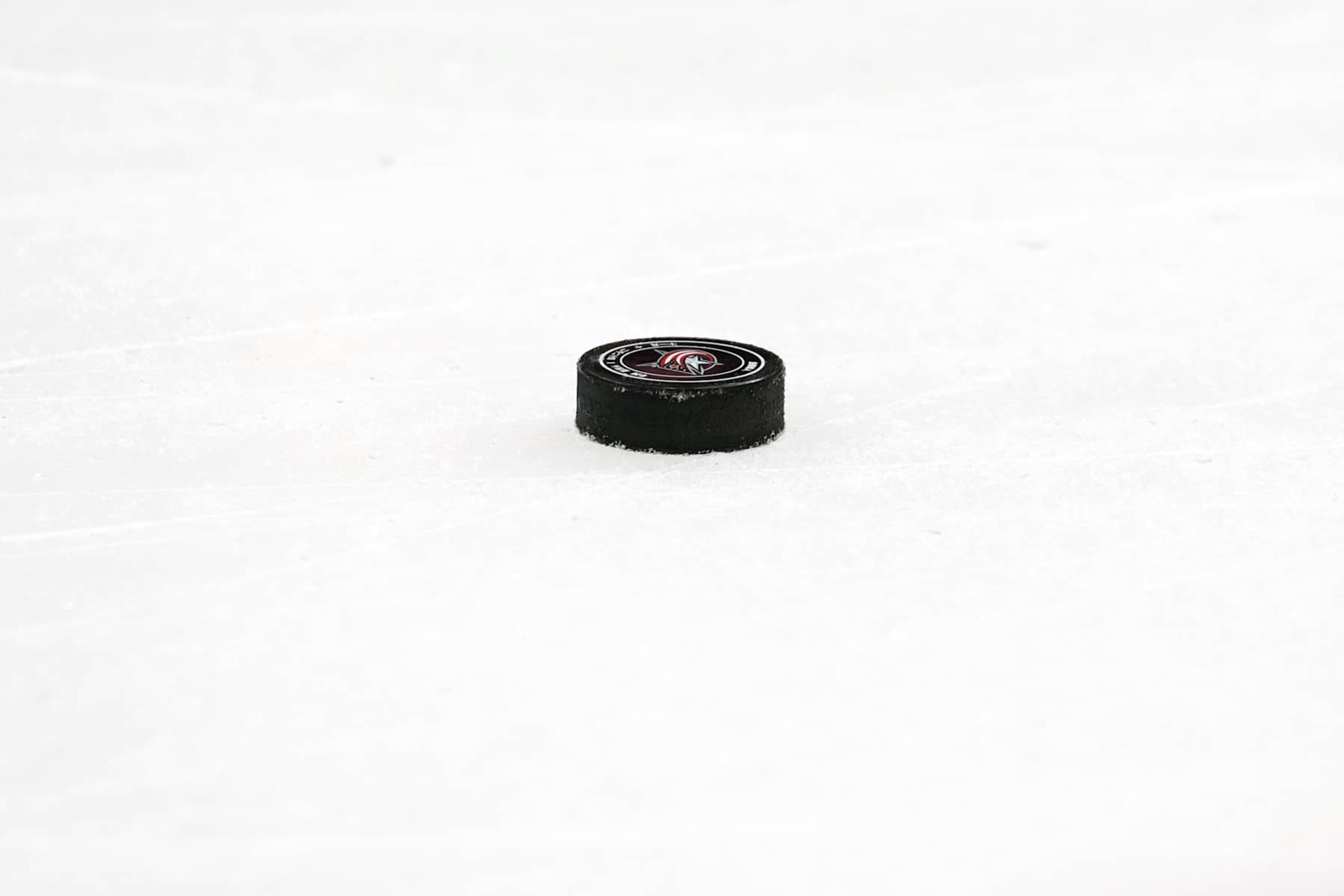 COLUMBUS, OHIO - NOVEMBER 15: Generic view of a puck laying on the ice before the game between the Columbus Blue Jackets and the Pittsburgh Penguins at Nationwide Arena on November 15, 2024 in Columbus, Ohio. (Photo by Jason Mowry/Getty Images)