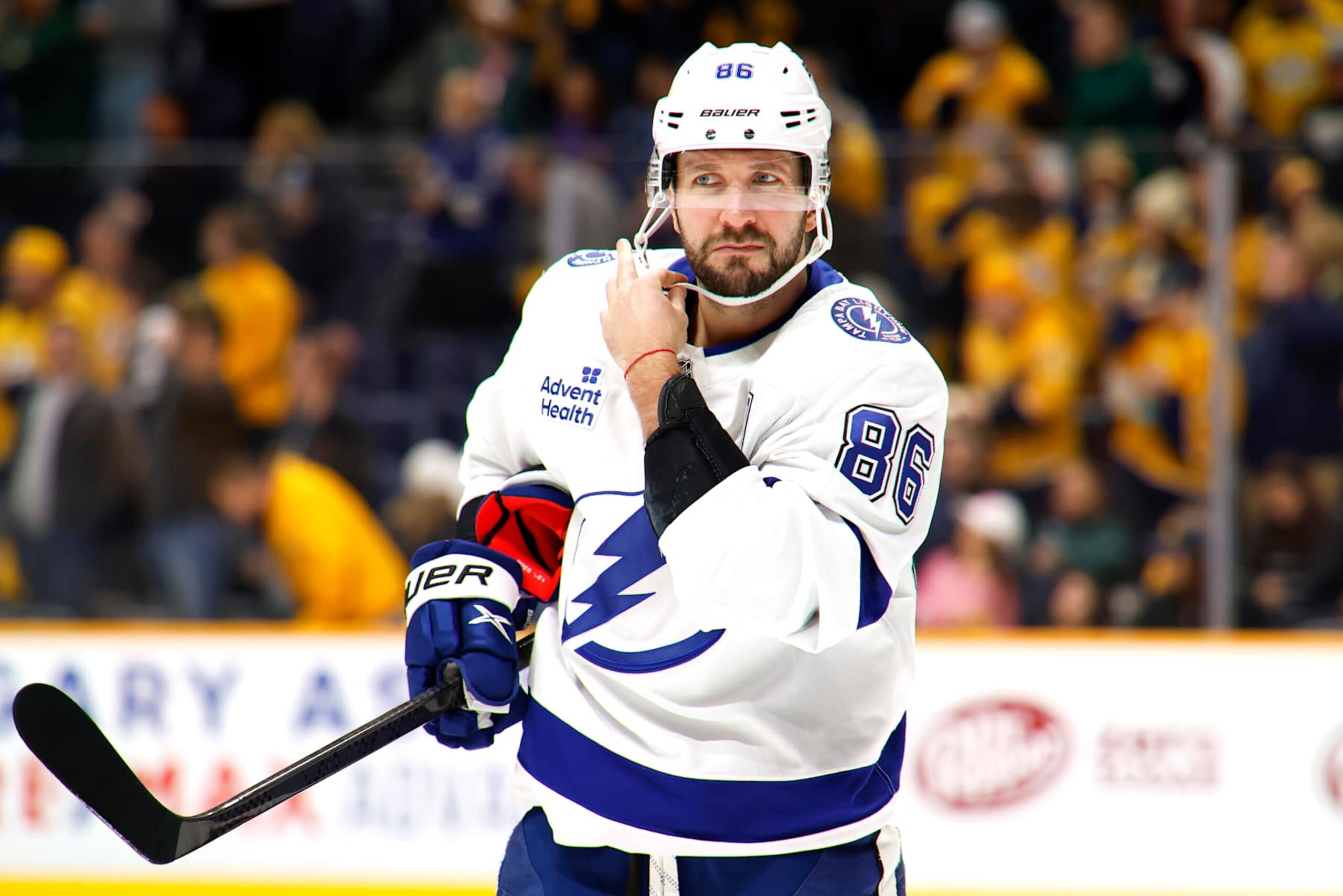 NASHVILLE, TENNESSEE - NOVEMBER 29: Nikita Kucherov #86 of the Tampa Bay Lightning looks on during the third period of the game between the Nashville Predators and the Tampa Bay Lighting at Bridgestone Arena on November 29, 2024 in Nashville, Tennessee. (Photo by Johnnie Izquierdo/Getty Images)