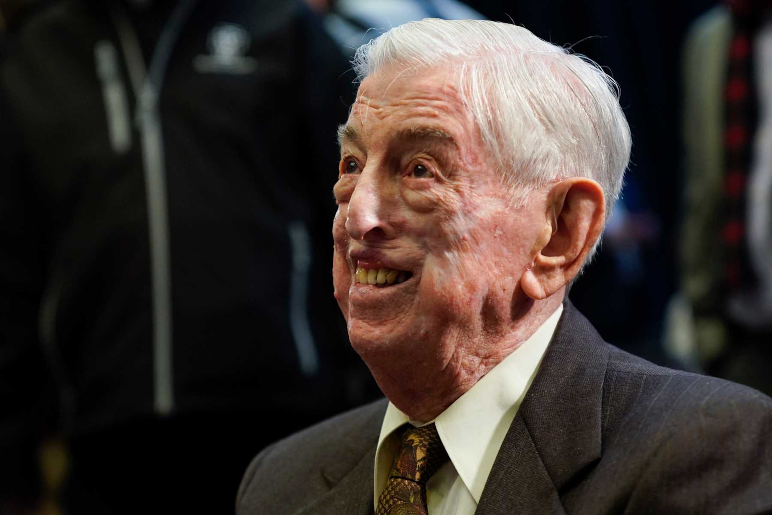 NEW YORK, NY - MARCH 21:  Former St. Johns Red Storm head basketball coach Lou Carnesecca at the press conference naming Rick Pitino as the new head coach, at Madison Square Garden on March 21, 2023 in New York City.  Carnesecca coached the Red Storm from 1965-70 and again from 1973-1992. He was elected to the Naismith Memorial Basketball Hall of Fame in 1992. (Photo by Porter BInks )