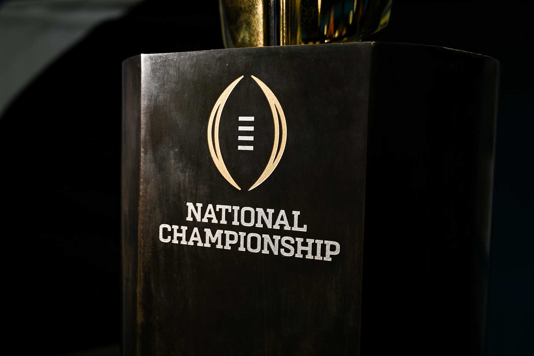 INDIANAPOLIS, IN - JULY 24: The College Football Playoff Championship Trophy during the 2024 Big Ten Media Days on July 24, 2024 at Lucas Oil Stadium in Indianapolis, IN. (Photo by James Black/Icon Sportswire via Getty Images)