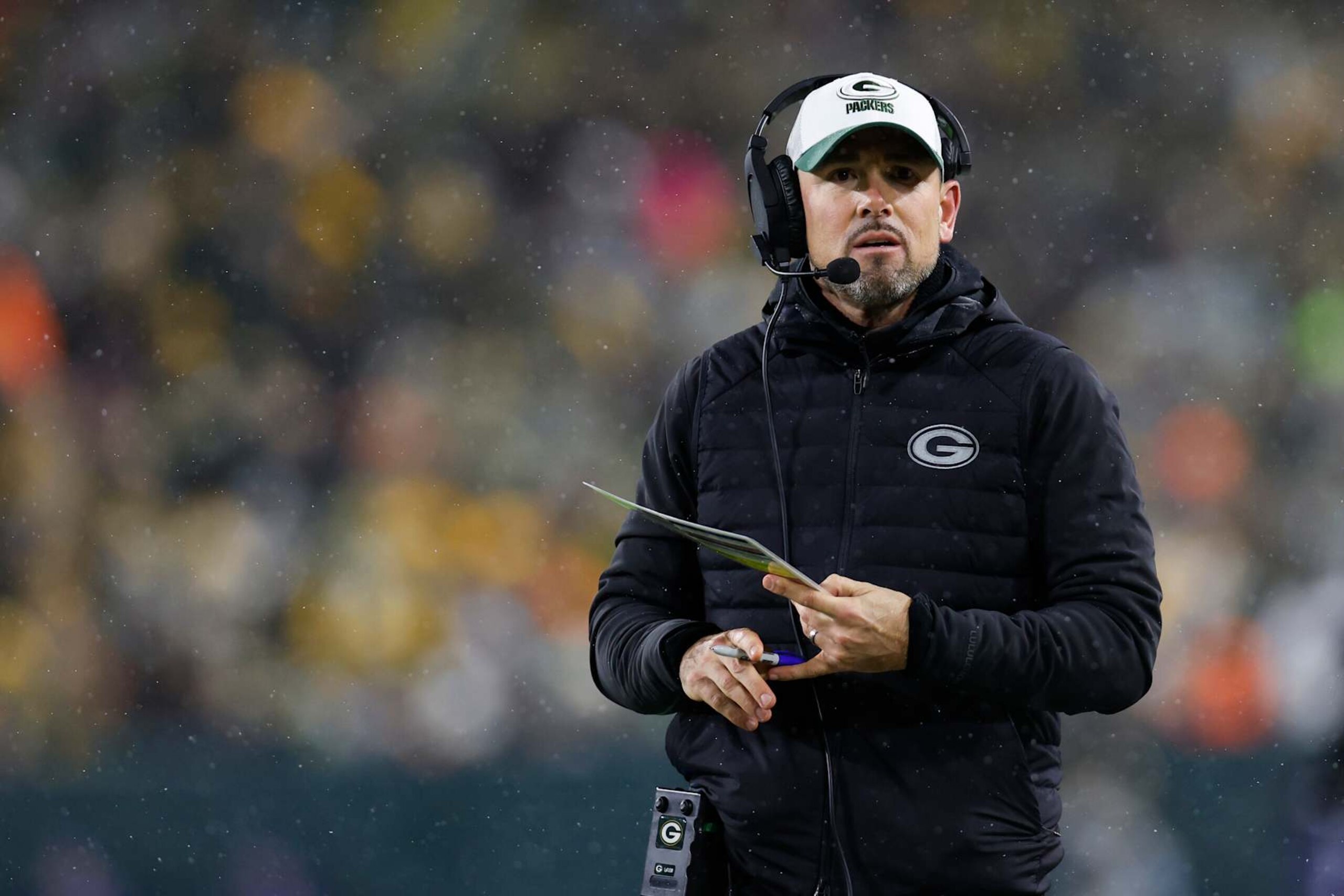 GREEN BAY, WISCONSIN - NOVEMBER 28: Head coach Matt LaFleur of the Green Bay Packers looks on during the second half of the game against the Miami Dolphins at Lambeau Field on November 28, 2024 in Green Bay, Wisconsin. (Photo by John Fisher/Getty Images)