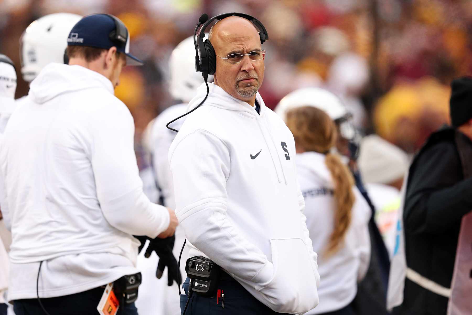 MINNEAPOLIS, MINNESOTA - NOVEMBER 23: Head coach James Franklin of the Penn State Nittany Lions looks on against the Minnesota Golden Gophers first half at Huntington Bank Stadium on November 23, 2024 in Minneapolis, Minnesota. (Photo by David Berding/Getty Images)