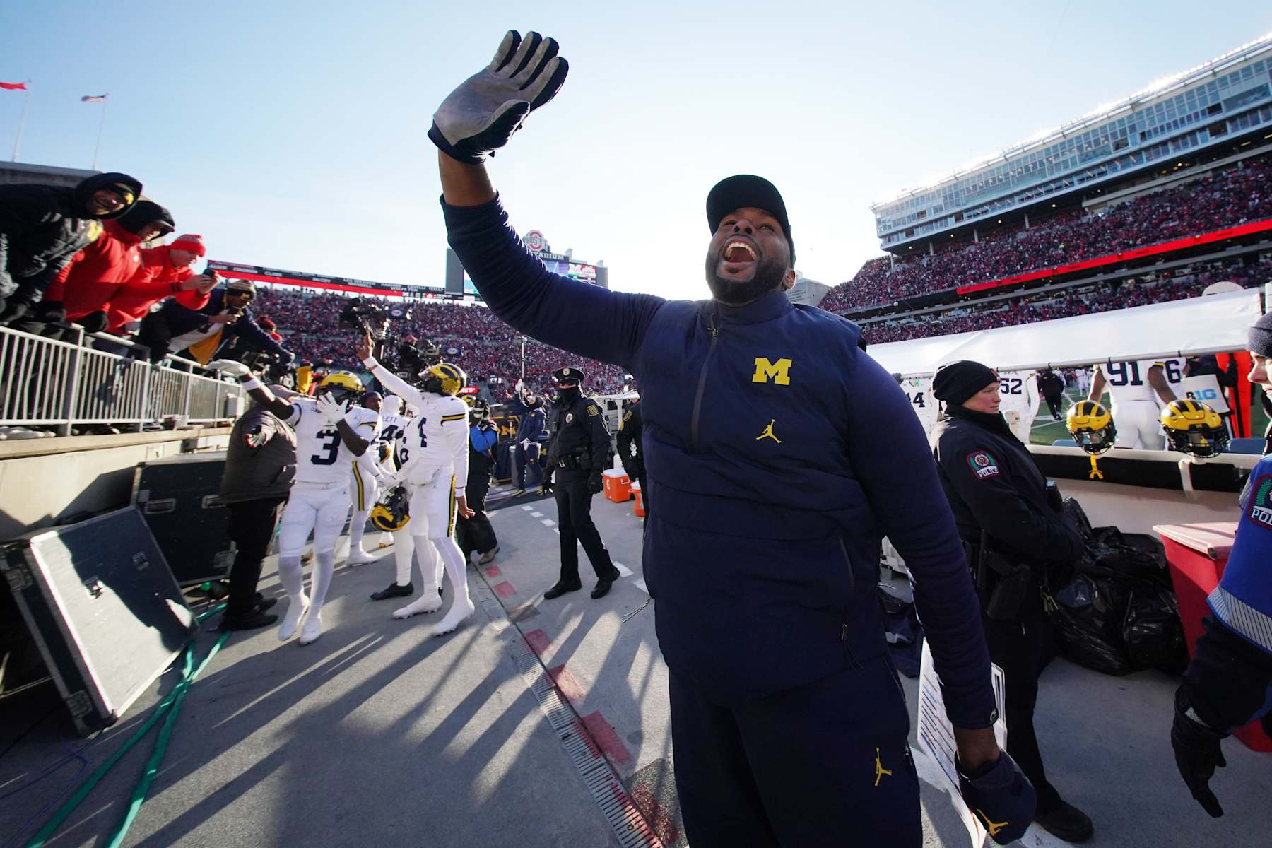 COLUMBUS, OHIO - NOVEMBER 30: Head coach Sherrone Moore of the Michigan Wolverines celebrates after his team defeated the Ohio State Buckeyes at Ohio Stadium on November 30, 2024 in Columbus, Ohio. (Photo by Jason Mowry/Getty Images)