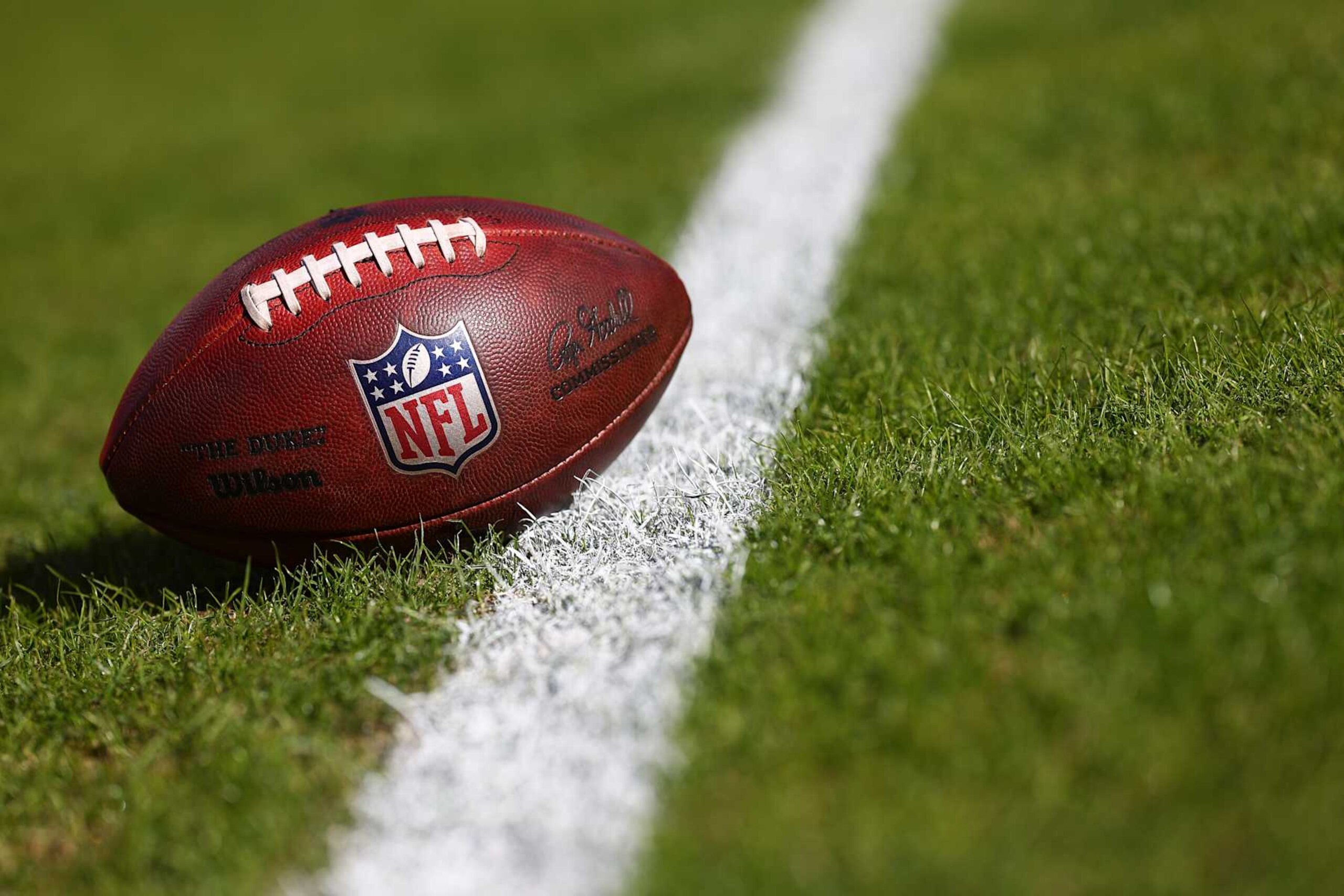 KANSAS CITY, MISSOURI - NOVEMBER 29: A detail of the NFL Shield logo on a game ball prior to a game between the Kansas City Chiefs and the Las Vegas Raiders at GEHA Field at Arrowhead Stadium on November 29, 2024 in Kansas City, Missouri. (Photo by Aaron M. Sprecher/Getty Images)