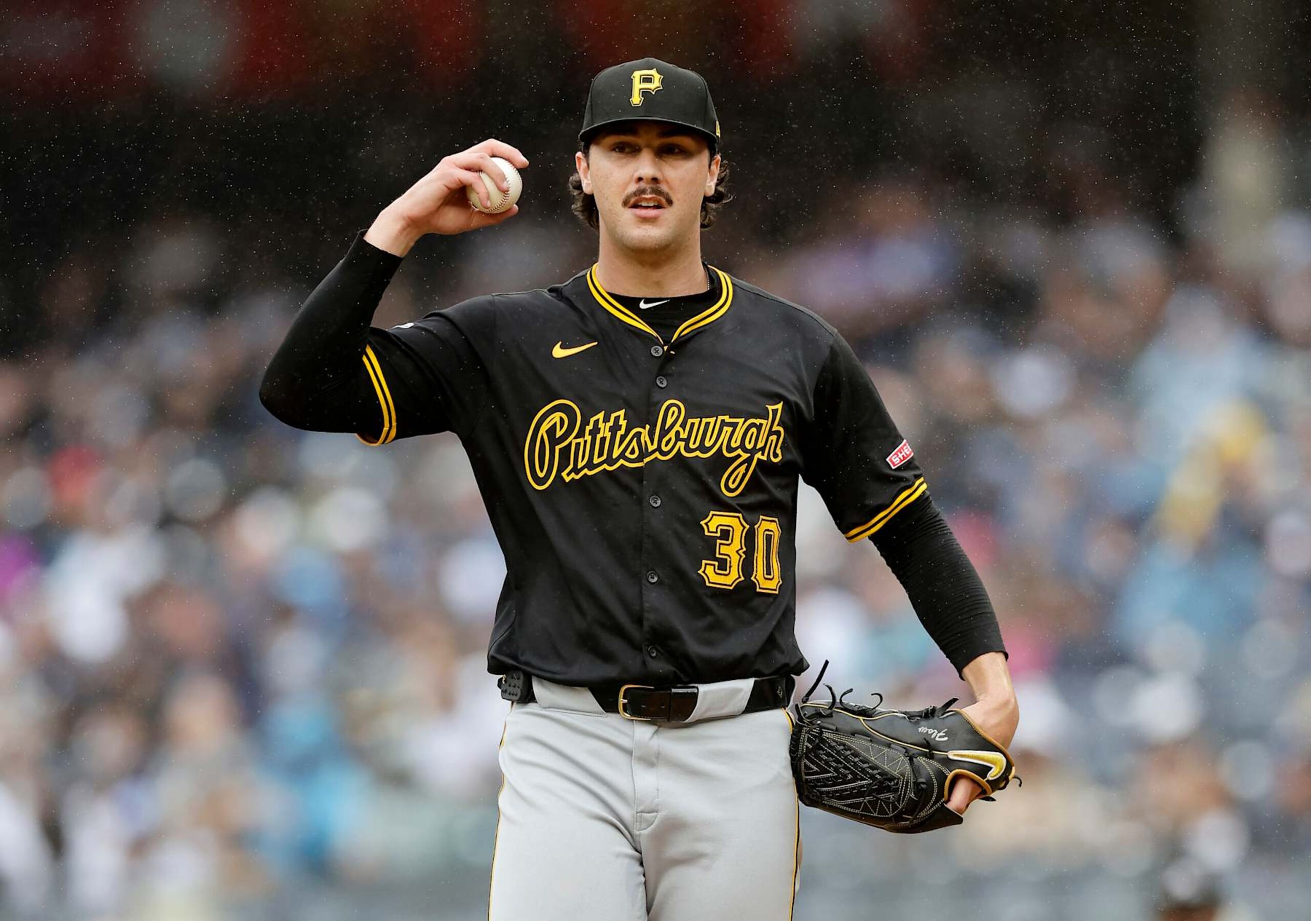 NEW YORK, NEW YORK - SEPTEMBER 28: (NEW YORK DAILIES OUT)  Paul Skenes #30 of the Pittsburgh Pirates in action against the New York Yankees at Yankee Stadium on September 28, 2024 in New York City. The Pirates defeated the Yankees 9-4. (Photo by Jim McIsaac/Getty Images)
