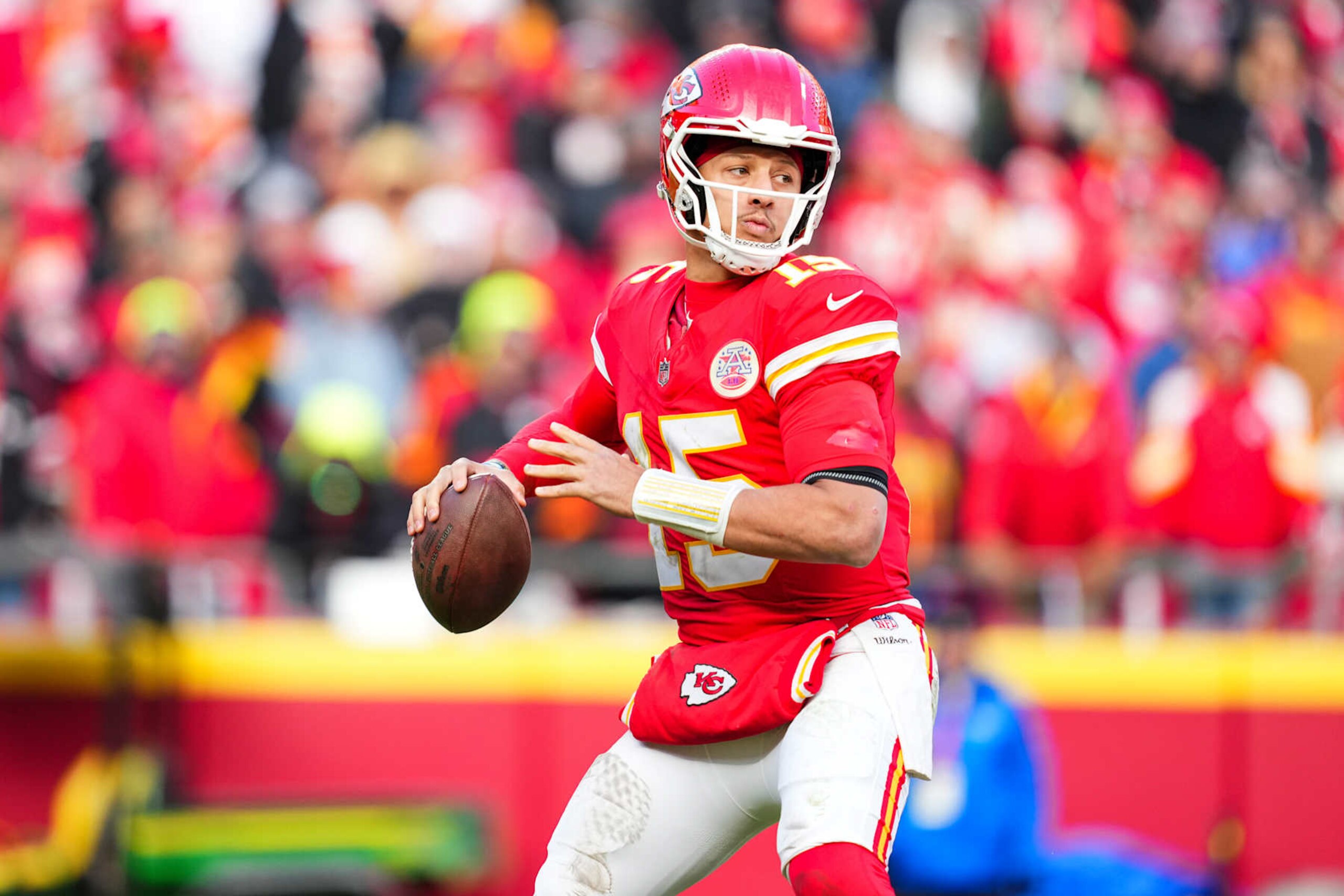 KANSAS CITY, MO - NOVEMBER 29: Patrick Mahomes #15 of the Kansas City Chiefs throws the ball during an NFL football game against the Las Vegas Raiders at GEHA Field at Arrowhead Stadium on November 29, 2024 in Kansas City, Missouri. (Photo by Cooper Neill/Getty Images)