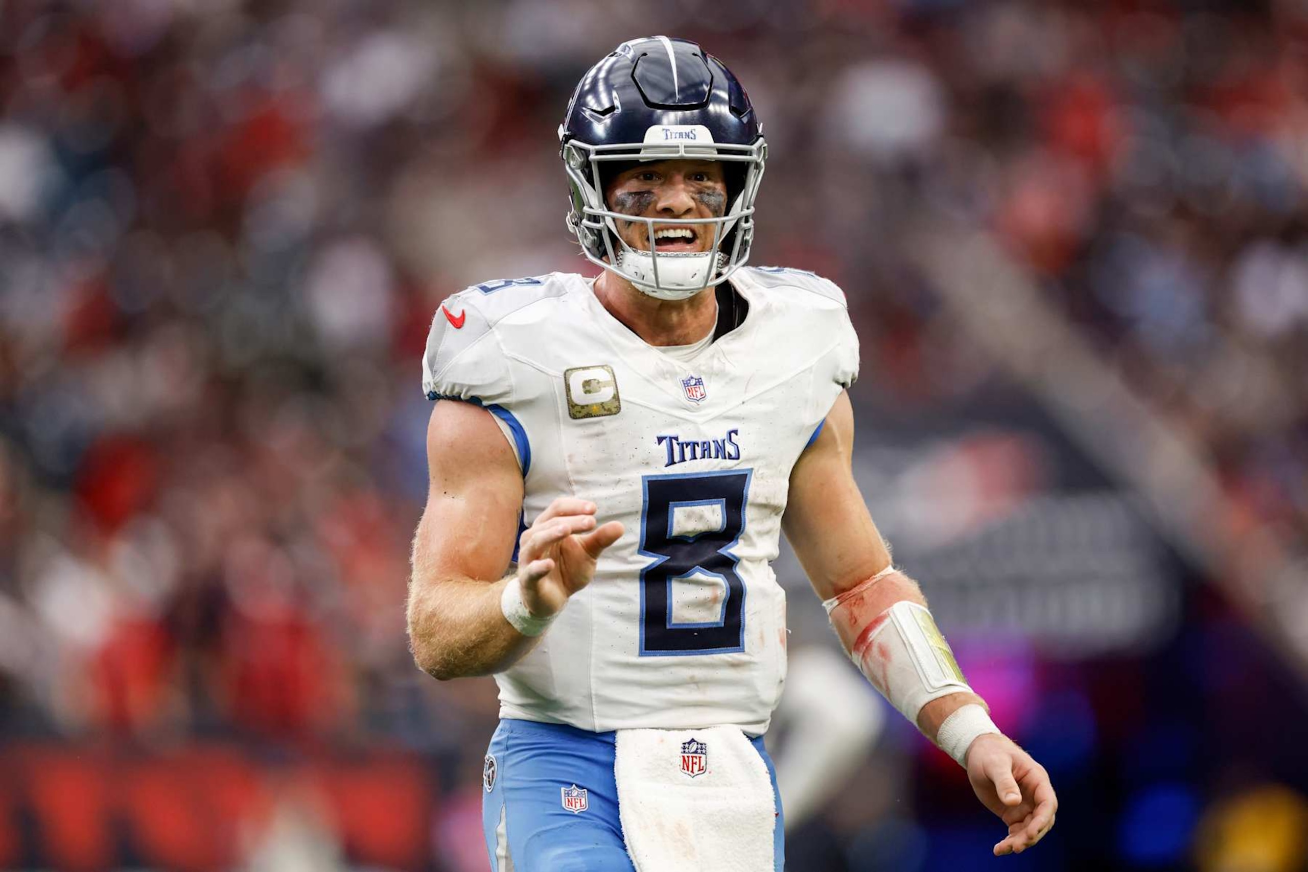 HOUSTON, TEXAS - NOVEMBER 24: Will Levis #8 of the Tennessee Titans reacts in the first half against the Houston Texans at NRG Stadium on November 24, 2024 in Houston, Texas. (Photo by Tim Warner/Getty Images)