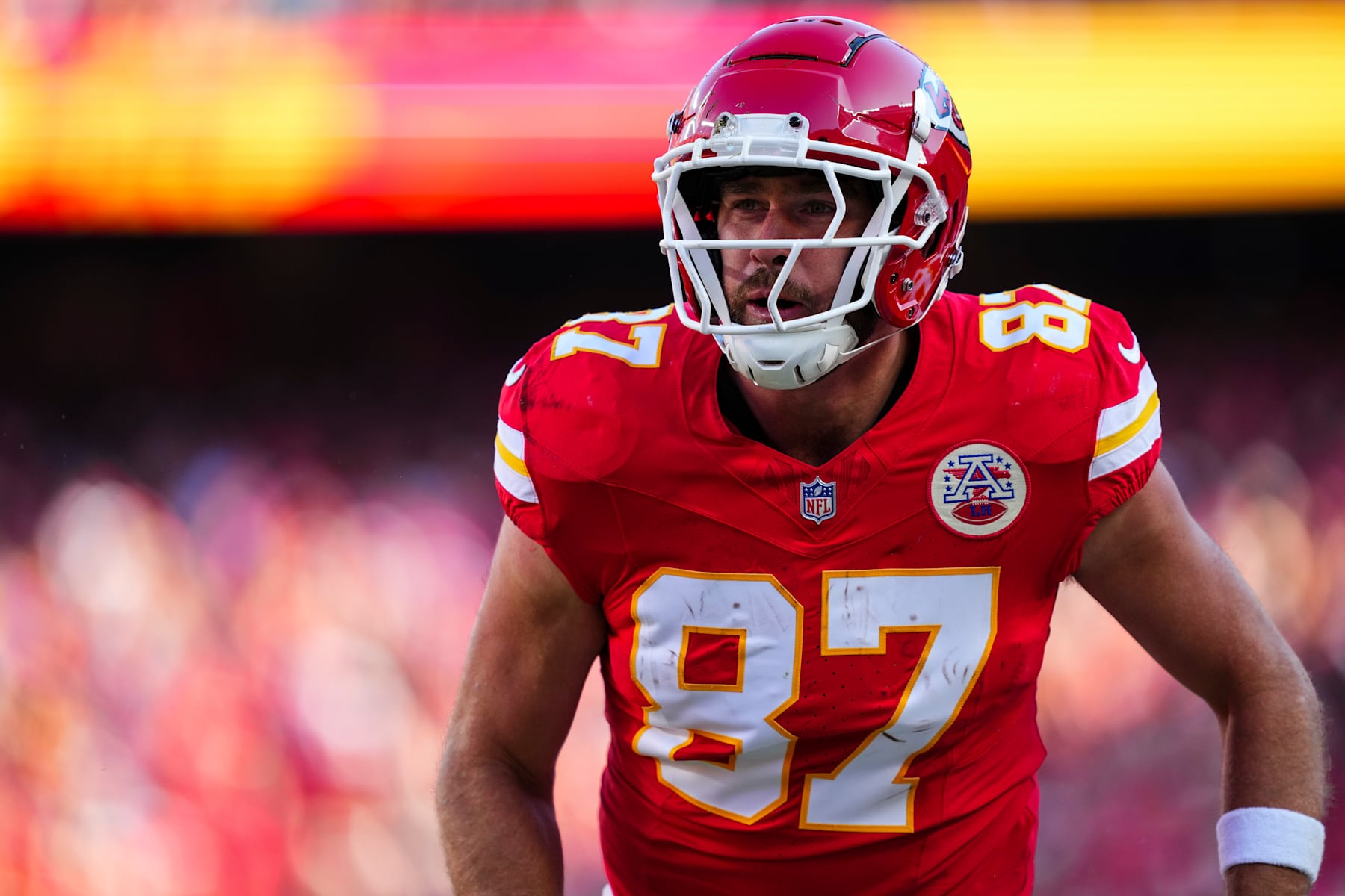 KANSAS CITY, MO - NOVEMBER 29: Travis Kelce #87 of the Kansas City Chiefs celebrates during an NFL football game against the Las Vegas Raiders at GEHA Field at Arrowhead Stadium on November 29, 2024 in Kansas City, Missouri. (Photo by Cooper Neill/Getty Images)