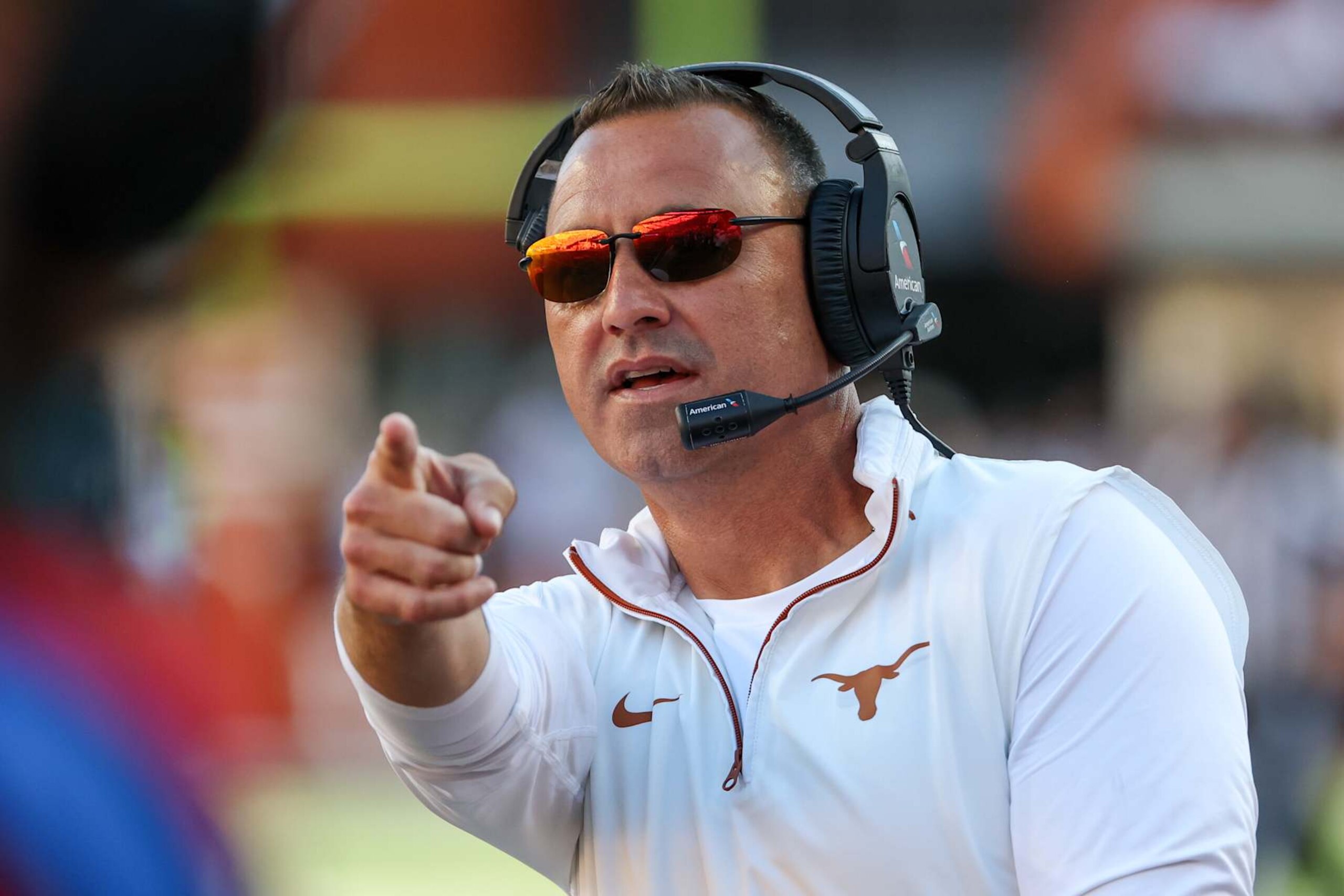 AUSTIN, TX - NOVEMBER 23: Texas Longhorns head coach Steve Sarkisian points down the sidelines as a kick goes out of bounds during the SEC college football game between Texas Longhorns and Kentucky Wildcats on November 23, 2024, at Darrell K Royal - Texas Memorial Stadium in Austin, TX. (Photo by David Buono/Icon Sportswire via Getty Images)