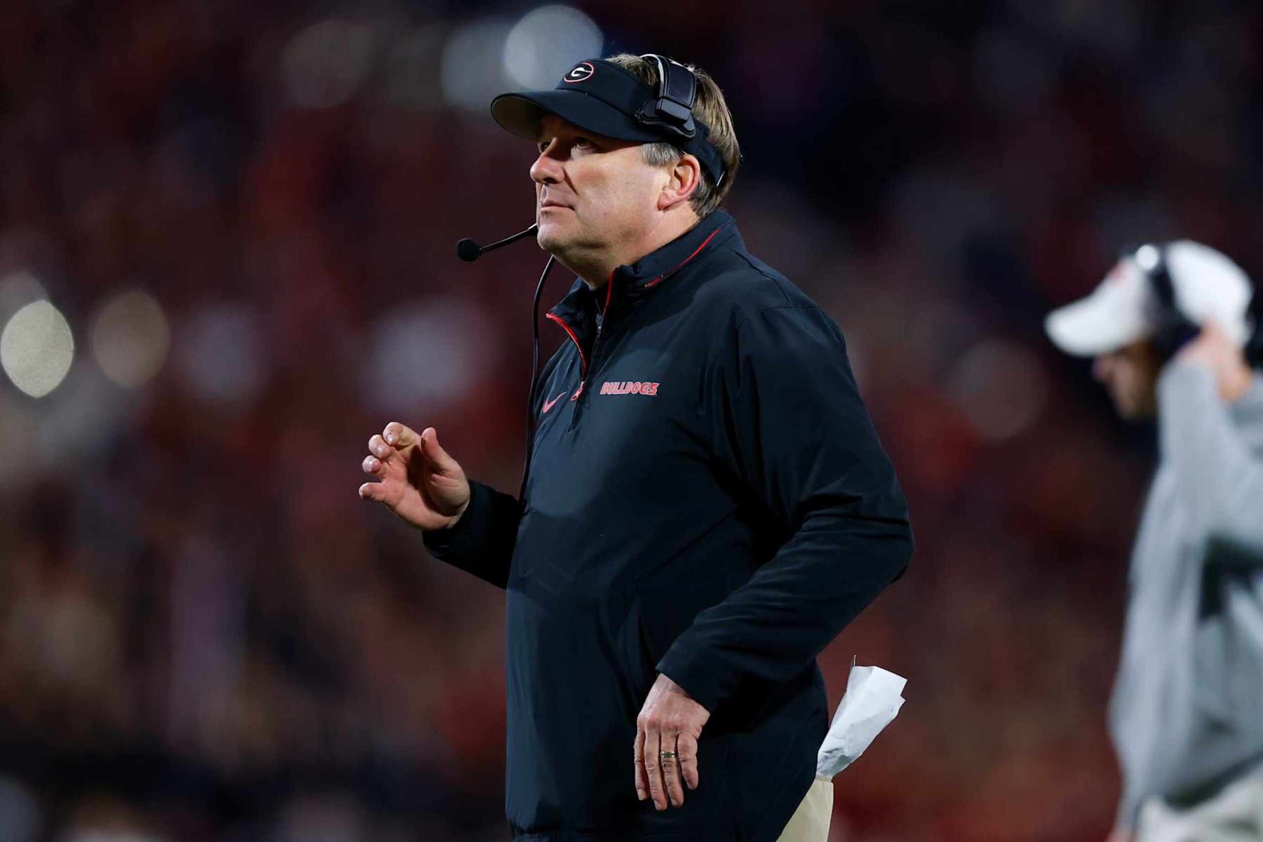 ATHENS, GEORGIA - NOVEMBER 29: Head coach Kirby Smart of the Georgia Bulldogs looks on during the fourth quarter against the Georgia Tech Yellow Jackets at Sanford Stadium on November 29, 2024 in Athens, Georgia.  (Photo by Todd Kirkland/Getty Images)