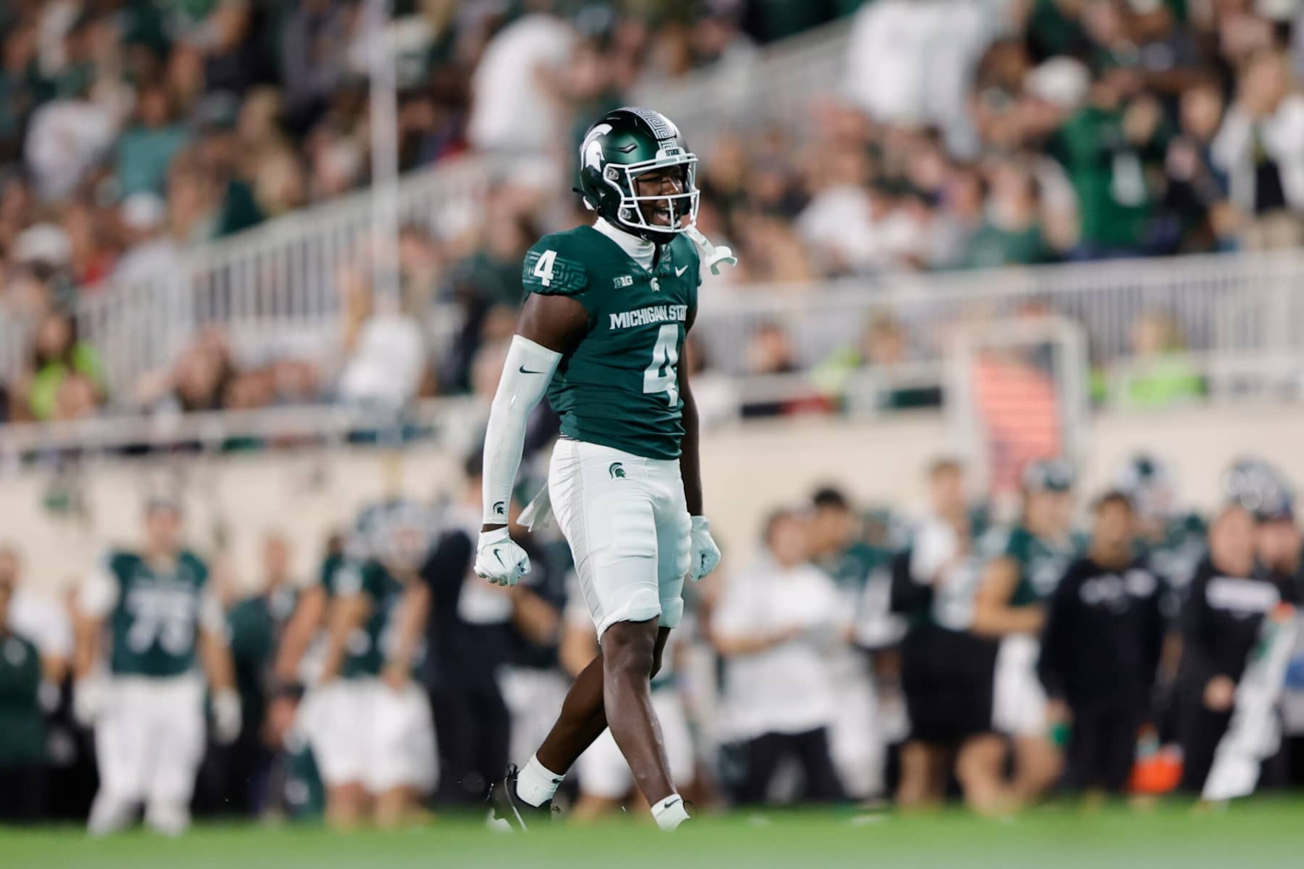 EAST LANSING, MICHIGAN - SEPTEMBER 28: Jaron Glover #4 of the Michigan State Spartans celebrates during the first half of the game against the Ohio State Buckeyes at Spartan Stadium on September 28, 2024 in East Lansing, Michigan. (Photo by Rey Del Rio/Getty Images)