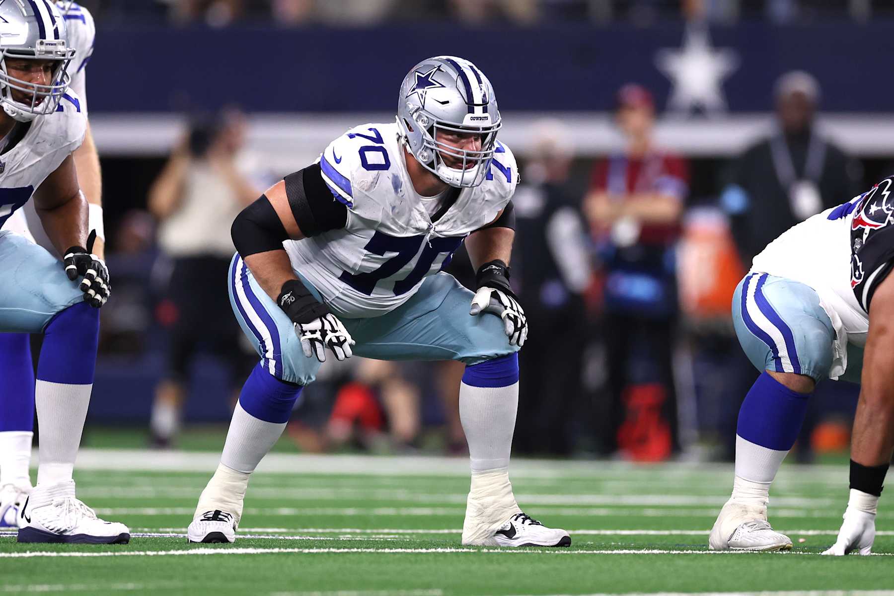 ARLINGTON, TEXAS - NOVEMBER 18: Zack Martin #70 of the Dallas Cowboys blocks during the first half against the Houston Texans at AT&T Stadium on November 18, 2024 in Arlington, Texas. (Photo by Sam Hodde/Getty Images)