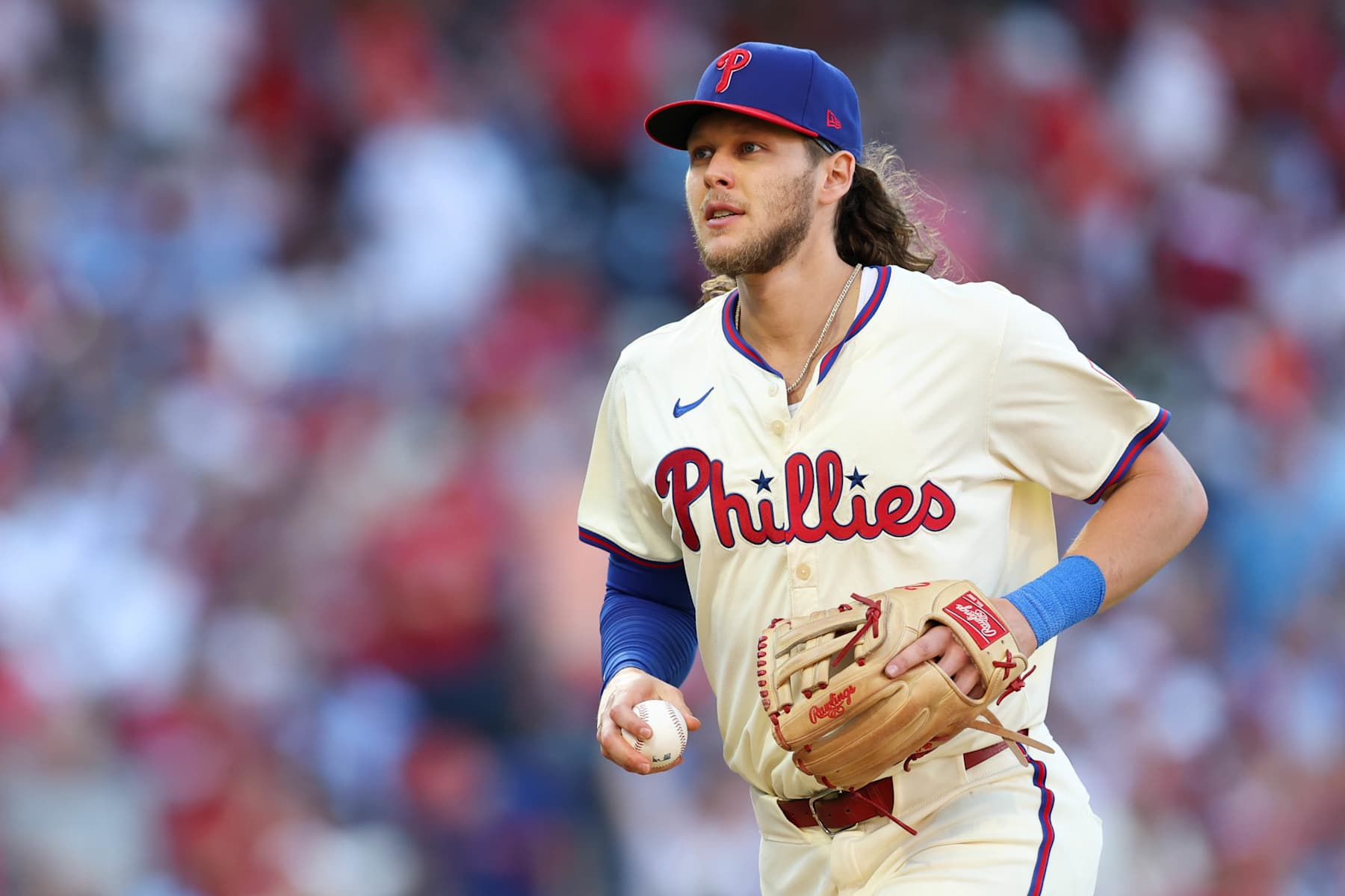 PHILADELPHIA, PA - OCTOBER 05:   Alec Bohm #28 of the Philadelphia Phillies returns to the dugout in the third inning during Game 1 of the Division Series presented by Booking.com between the New York Mets and the Philadelphia Phillies at Citizens Bank Park on Saturday, October 5, 2024 in Philadelphia, Pennsylvania. (Photo by Rob Tringali/MLB Photos via Getty Images)