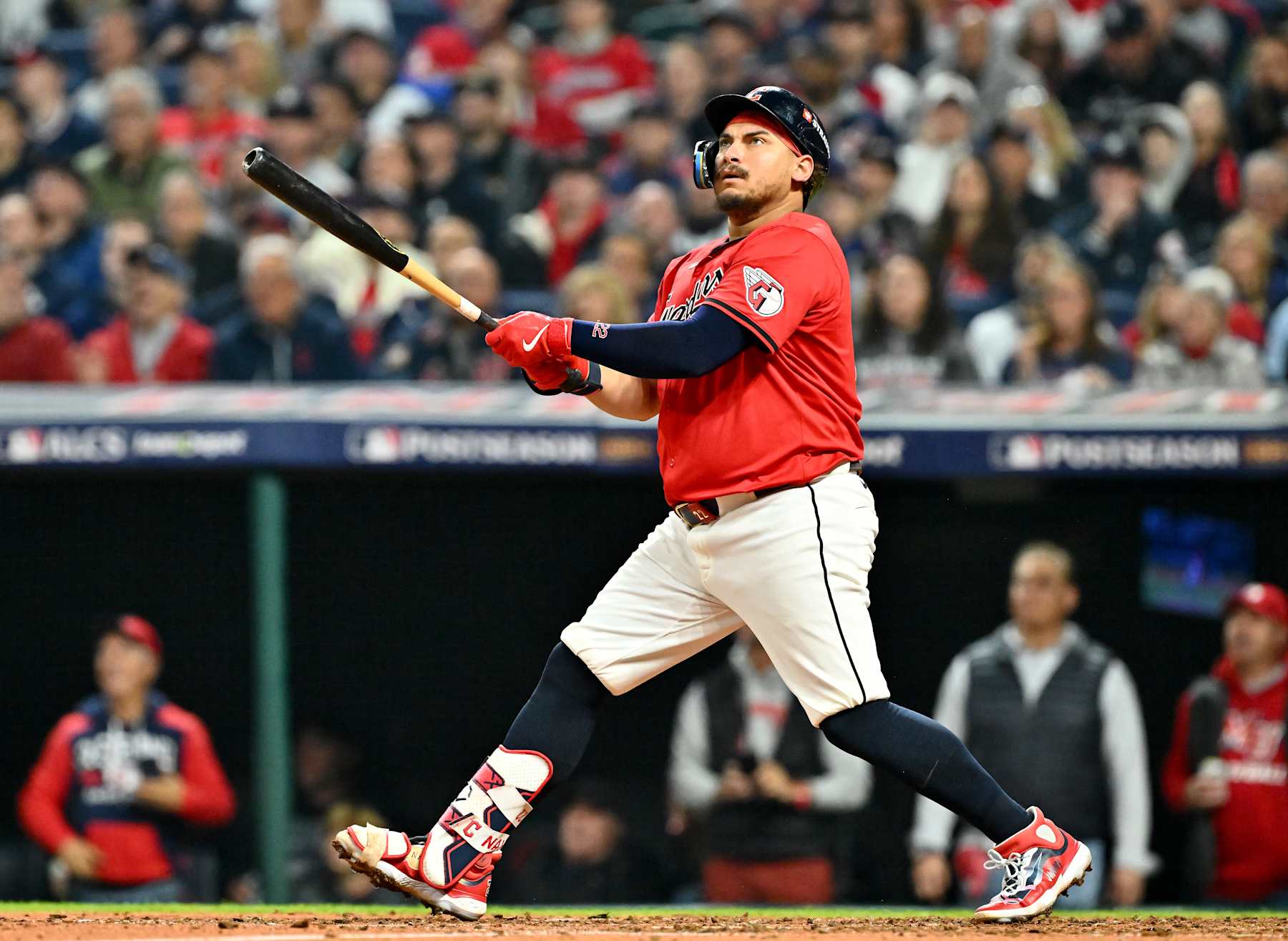 CLEVELAND, OHIO - OCTOBER 19: Josh Naylor #22 of the Cleveland Guardians flies out in the fourth inning against the New York Yankees during Game Five of the American League Championship Series at Progressive Field on October 19, 2024 in Cleveland, Ohio. (Photo by Jason Miller/Getty Images)