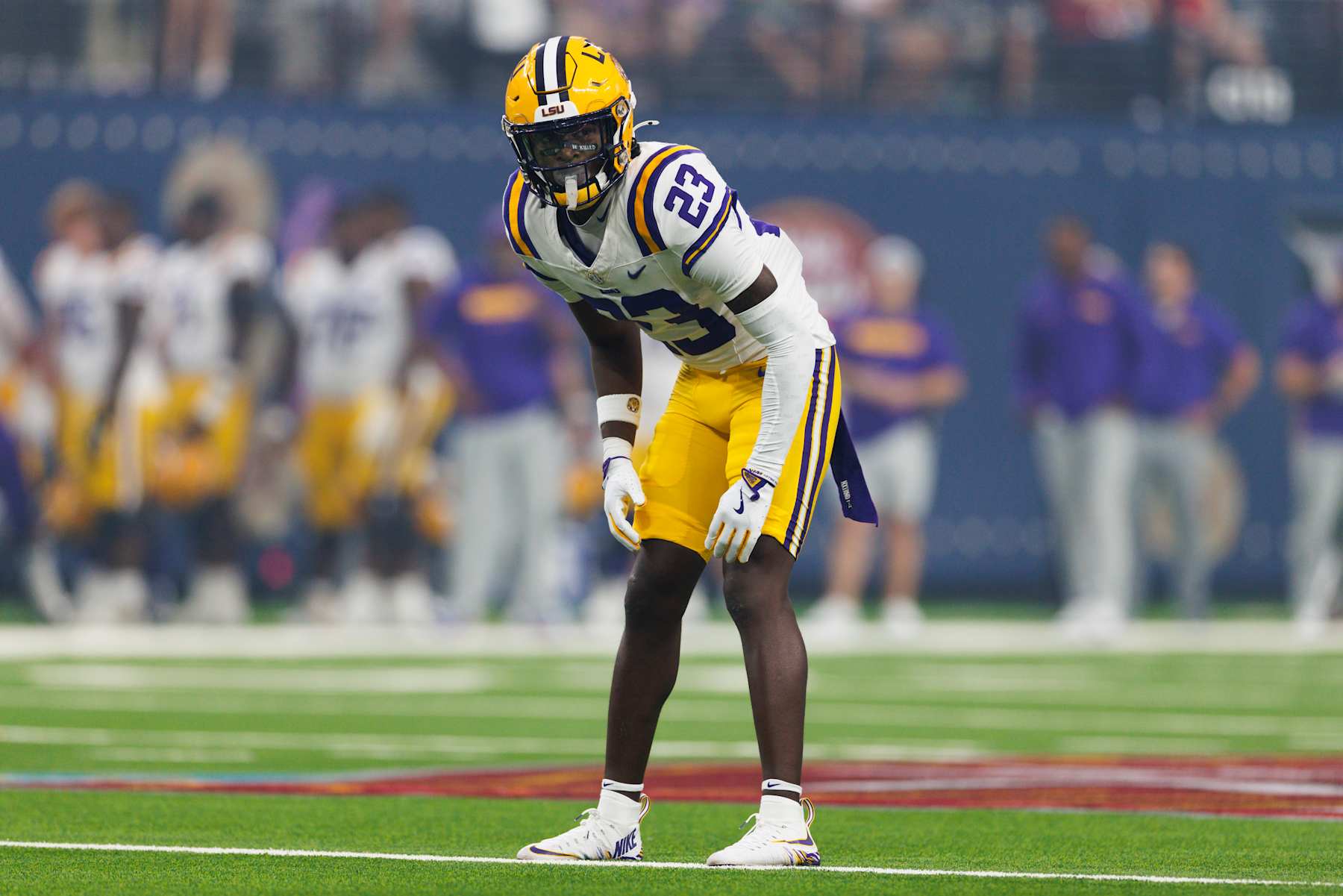 LAS VEGAS, NEVADA - SEPTEMBER 1: Kylin Jackson #23 of the LSU Tigers defends during the Vegas Kickoff Classic against USC Trojans at Allegiant Stadium on September 1, 2024 in Las Vegas, Nevada. (Photo by Ric Tapia/Getty Images)