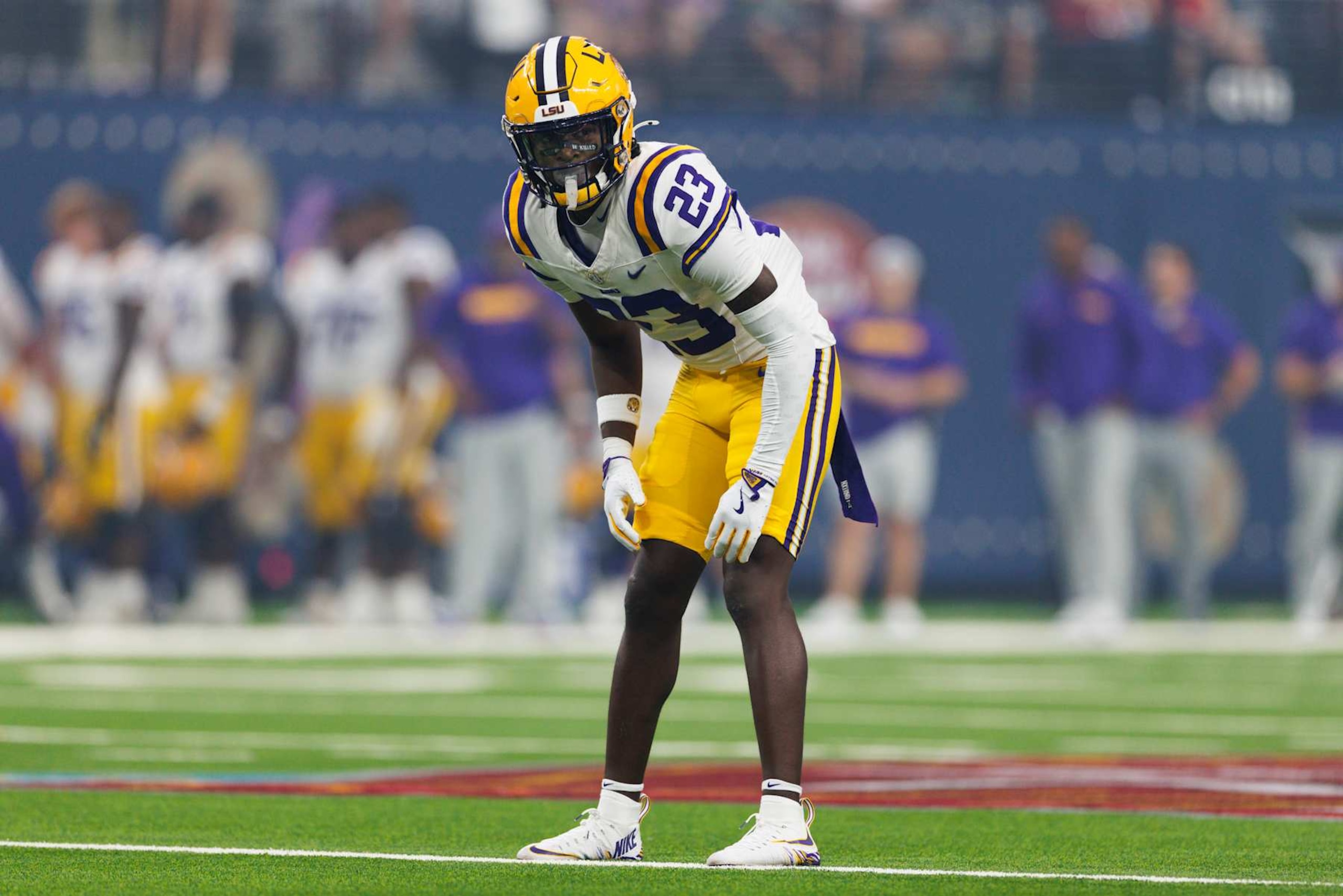 LAS VEGAS, NEVADA - SEPTEMBER 1: Kylin Jackson #23 of the LSU Tigers defends during the Vegas Kickoff Classic against USC Trojans at Allegiant Stadium on September 1, 2024 in Las Vegas, Nevada. (Photo by Ric Tapia/Getty Images)