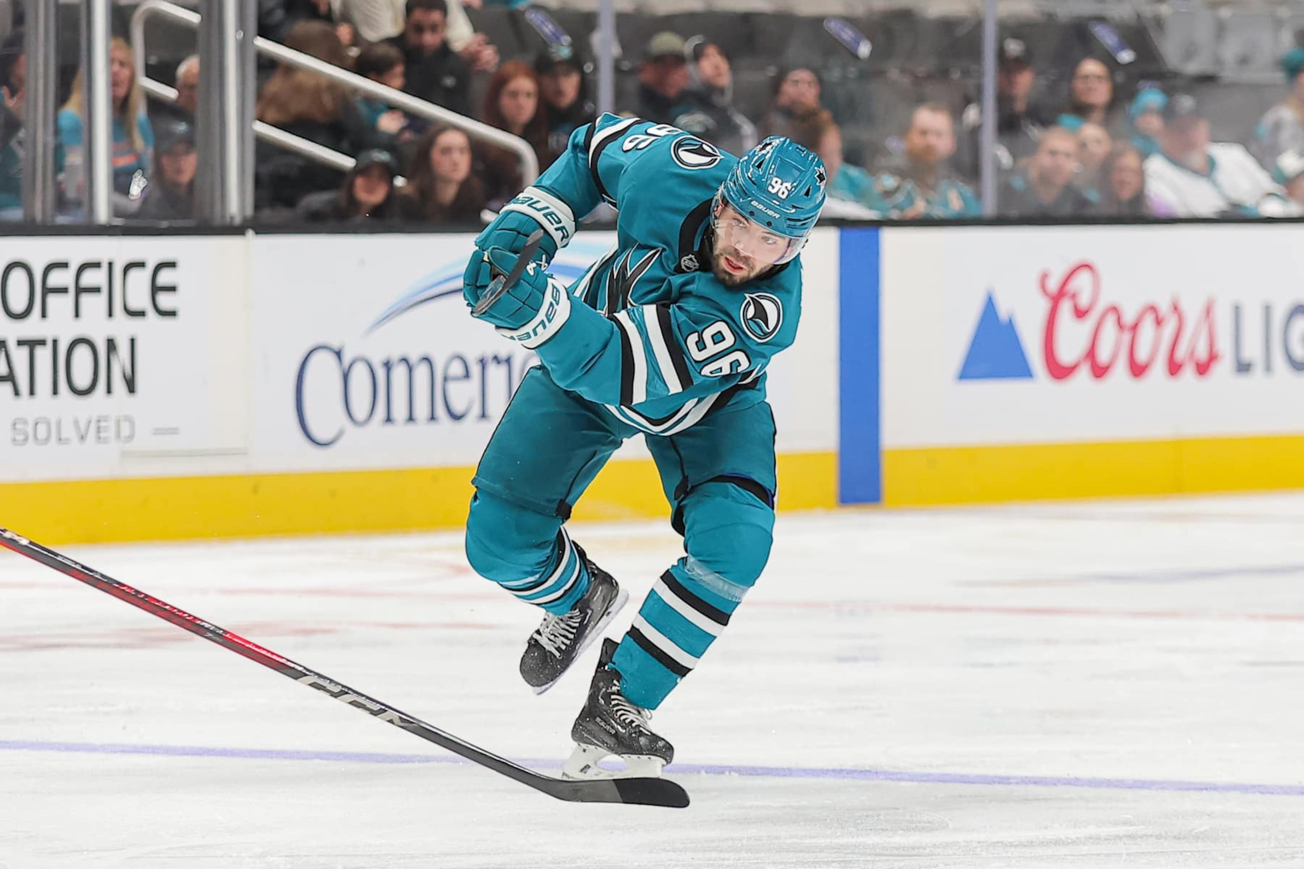 SAN JOSE, CANOVEMBER 27: Jake Walman #96 of the San Jose Sharks takes a shot on goal in the first period of a game against the Ottawa Senators at SAP Center on November 27, 2024 (Photo by Panayiota Good/NHLI via Getty Images)