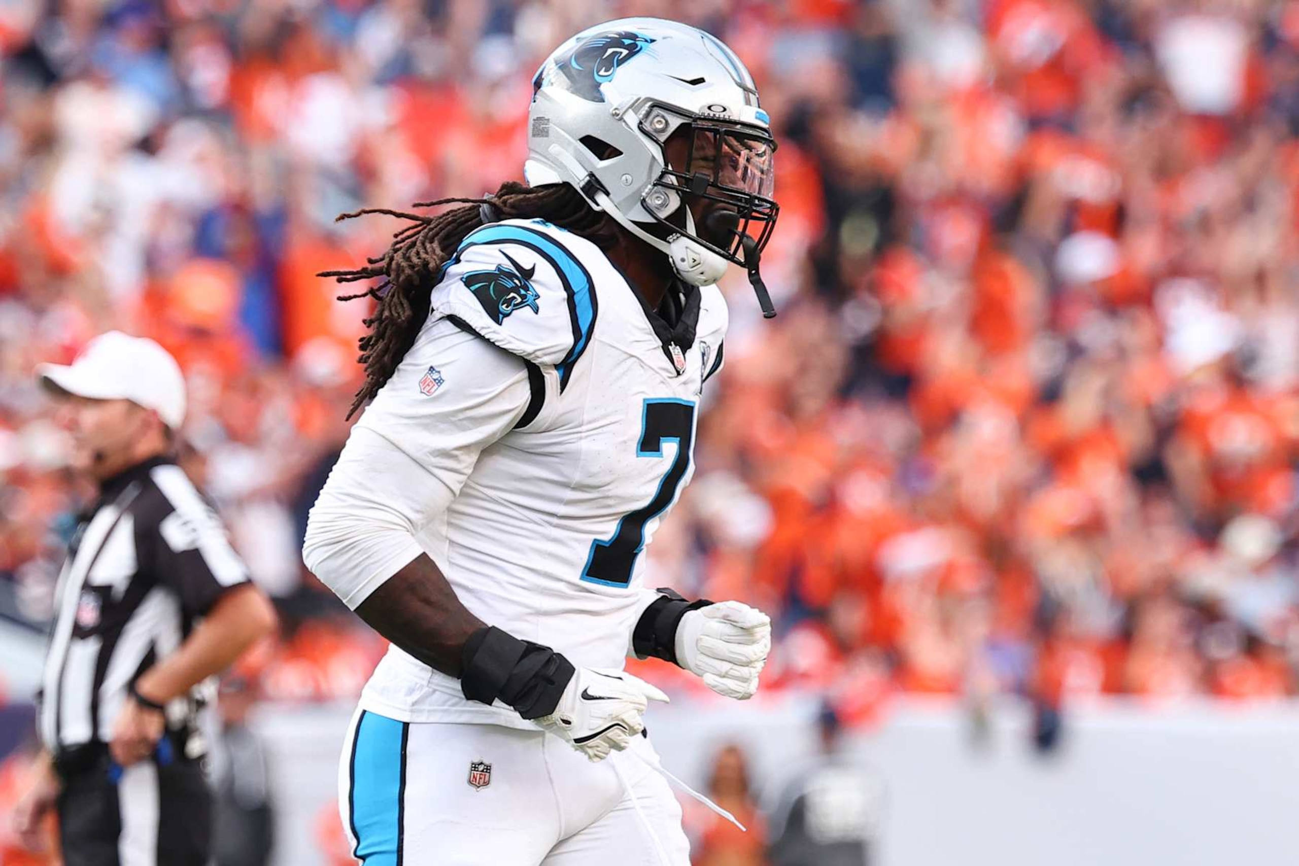 DENVER, COLORADO - OCTOBER 27: Jadeveon Clowney #7 of the Carolina Panthers takes the field against the Denver Broncos during the second half at Empower Field At Mile High on October 27, 2024 in Denver, Colorado. The Broncos defeated the Panthers 28-14. (Photo by C. Morgan Engel/Getty Images)