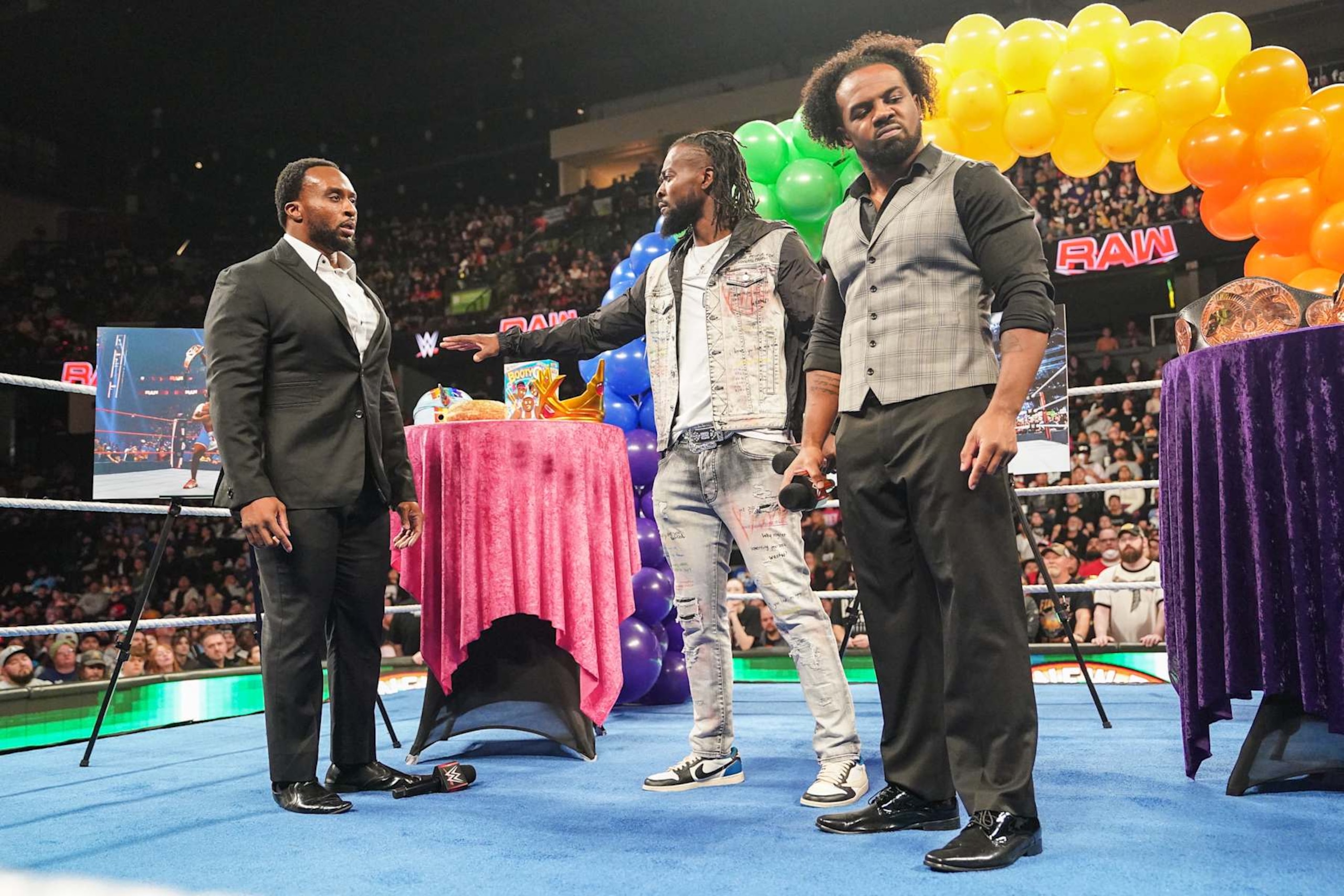 EVERETT, WASHINGTON - DECEMBER 2: Big E, Kofi Kingston and Xavier Woods speak during Monday Night RAW at Angel of the Winds Arena on December 2, 2024 in Everett, Washington.  (Photo by WWE/Getty Images)