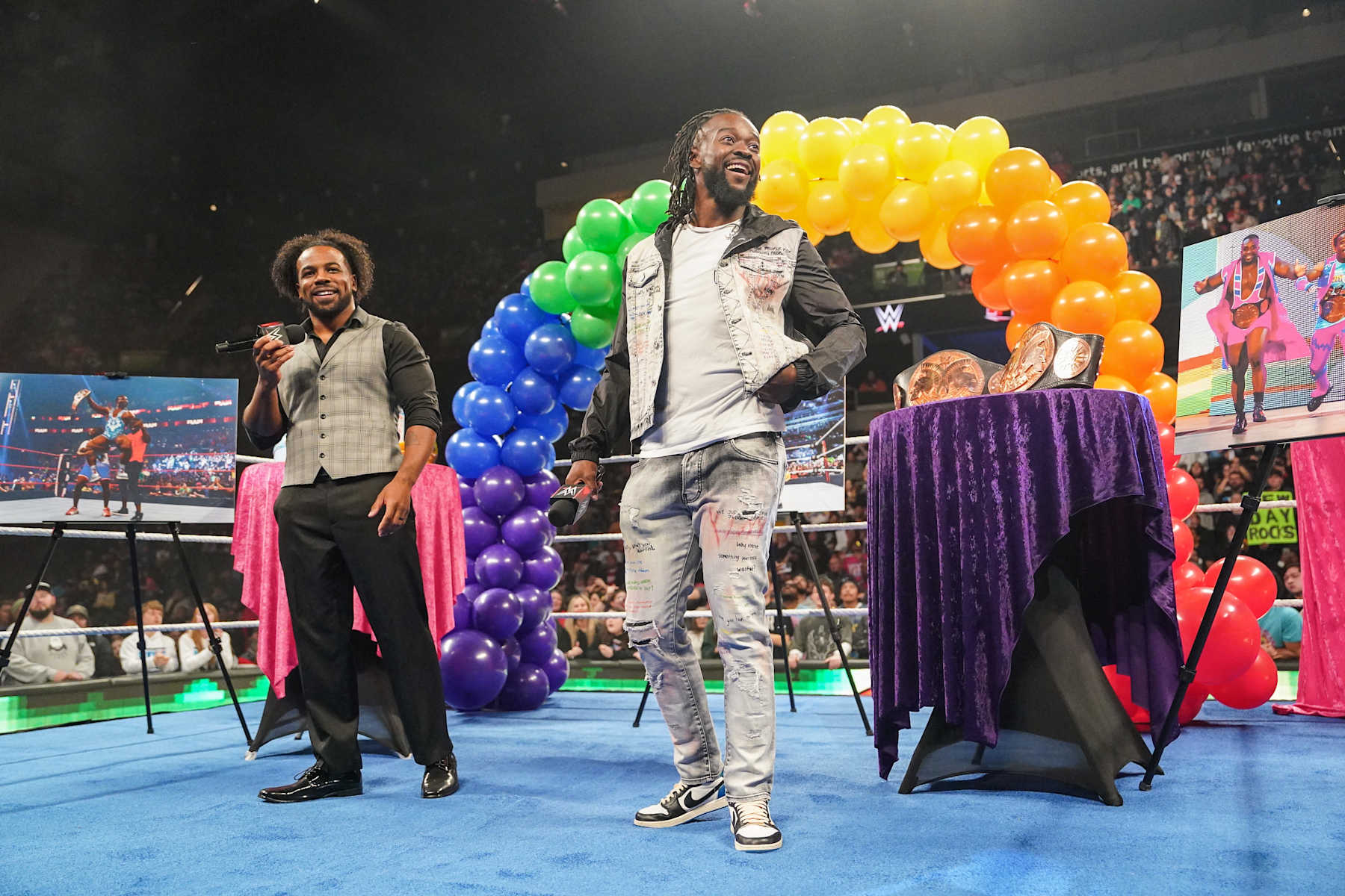EVERETT, WASHINGTON - DECEMBER 2: Xavier Woods and Kofi Kingston of the New Day enter the ring during Monday Night RAW at Angel of the Winds Arena on December 2, 2024 in Everett, Washington.  (Photo by WWE/Getty Images)