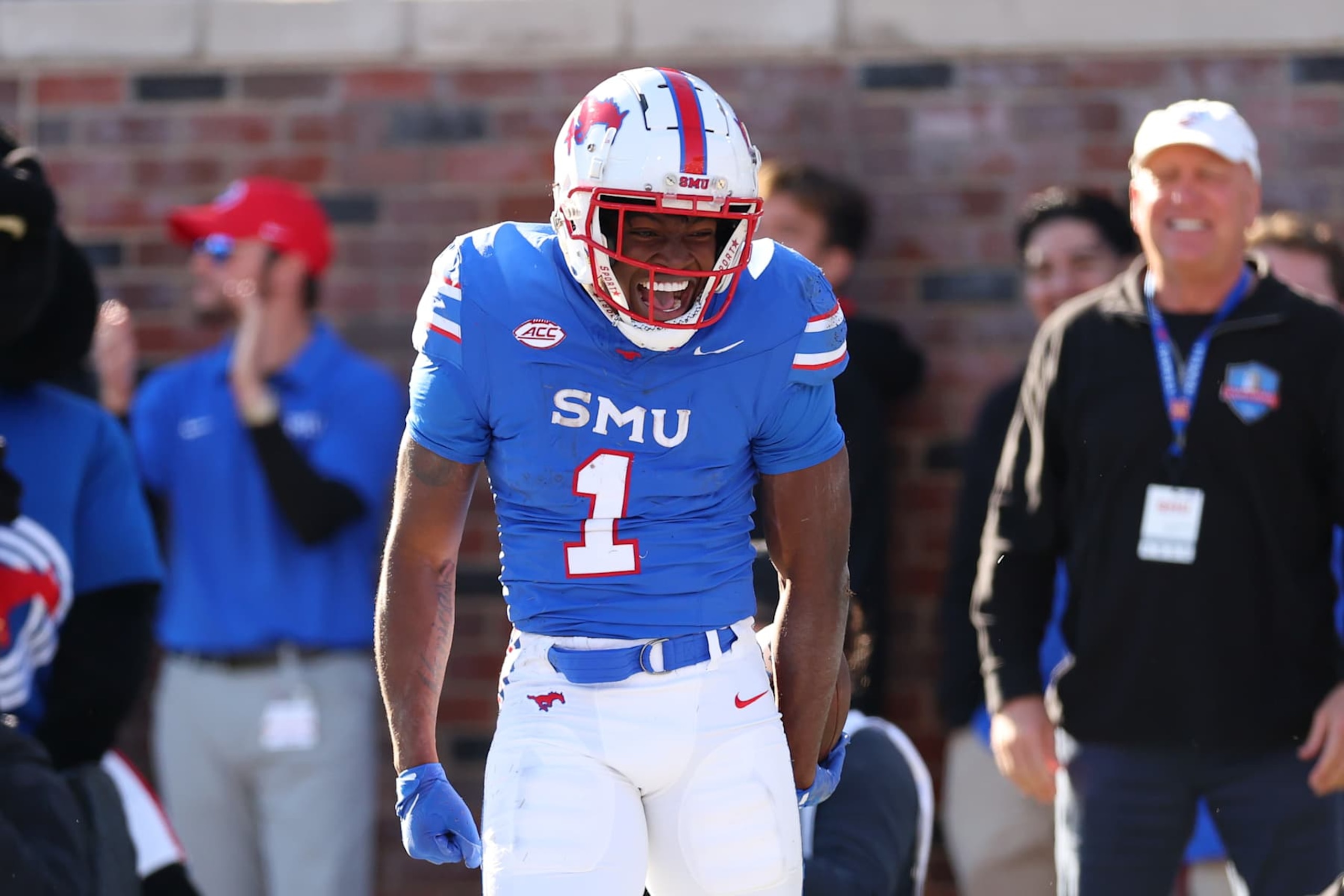DALLAS, TEXAS - NOVEMBER 30: Brashard Smith #1 of the Southern Methodist Mustangs celebrates after catching a pass during the first half against the California Golden Bears at Gerald J. Ford Stadium on November 30, 2024 in Dallas, Texas. (Photo by Sam Hodde/Getty Images)