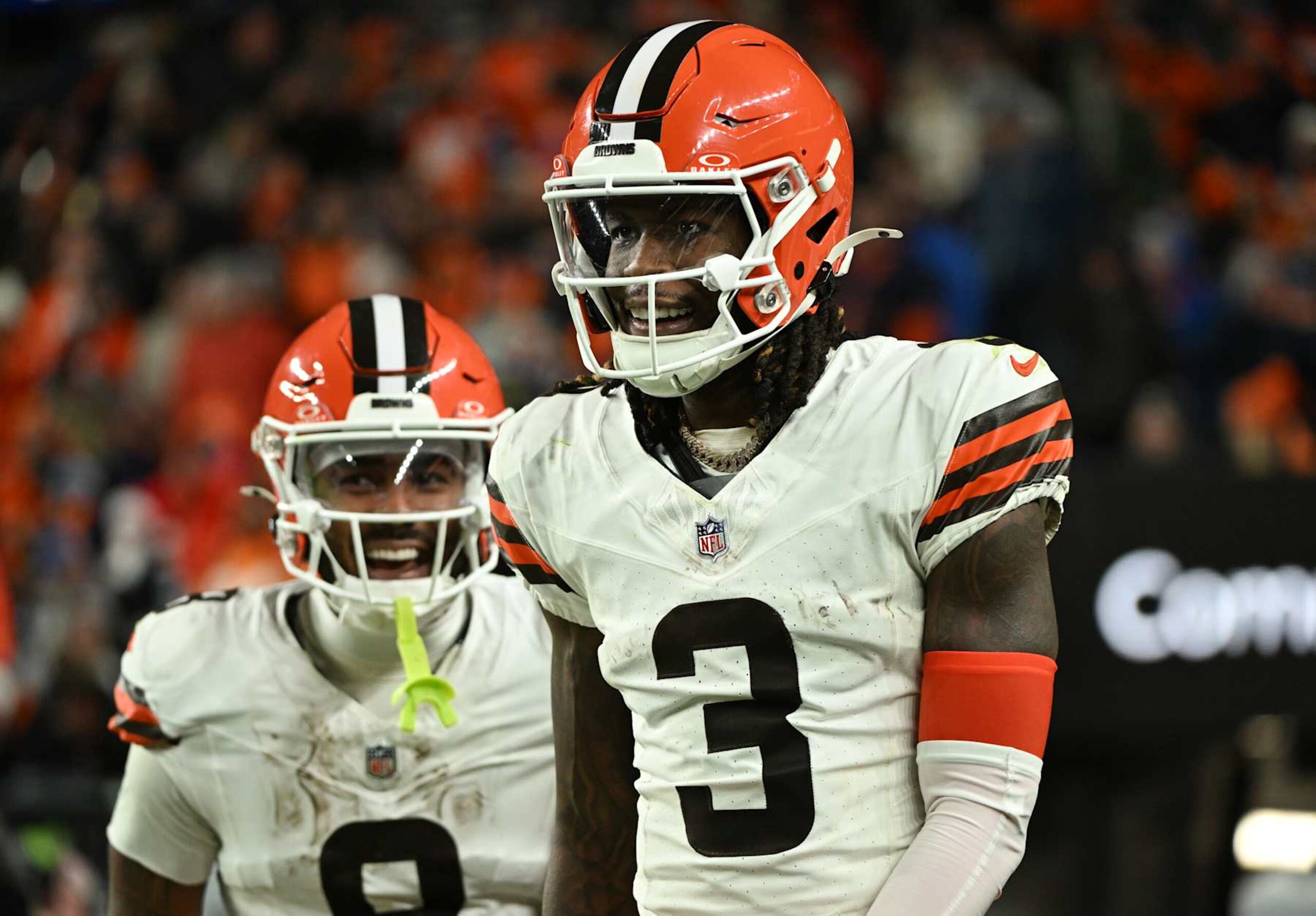 DENVER, CO - DECEMBER 2: Cleveland Browns wide receiver Jerry Jeudy (3), right, celebrates his third quarter touchdown with teammate wide receiver Elijah Moore (8), left, during the second half of the game at Empower Field at Mile High  on December 2, 2024 in Denver, Colorado. Jeudy hauled in nine catches for 235 yards, the most yardage ever surrendered by the Broncos to an opposing receiver. When he raced past Levi Wallace for a 70-yard third-quarter touchdown, he paused on the goal line, fell over backward into the end zone and then goaded the crowd as they booed him loudly. Jeudy told a Cleveland reporter he wanted to return to Denver and whip their (butt) and then put together a career night. The Broncos beat the Browns 41-32.  (Photo by Helen H. Richardson/MediaNews Group/The Denver Post via Getty Images)
