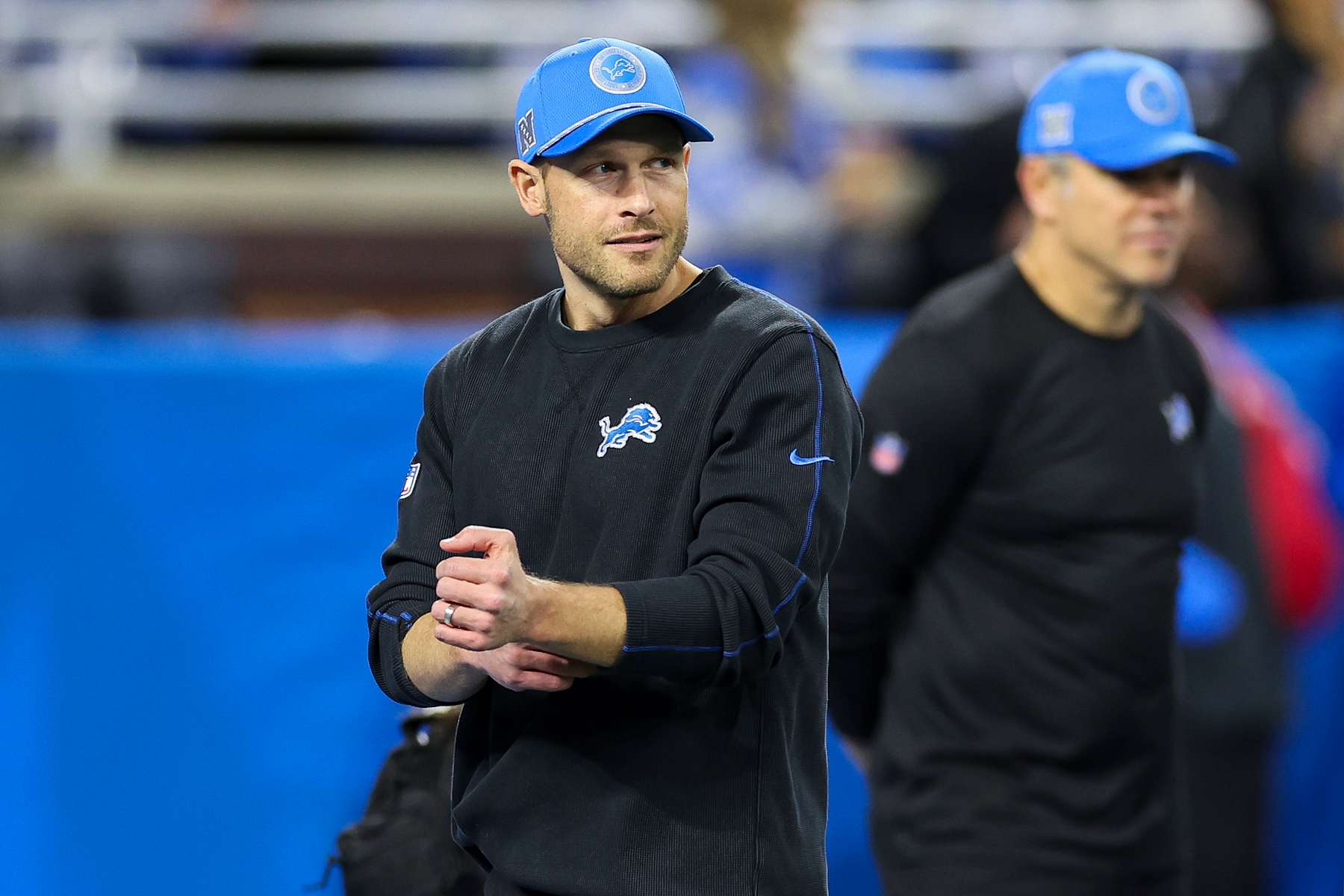 DETROIT, MICHIGAN - NOVEMBER 28: Offensive coordinator Ben Johnson of the Detroit Lions looks on before a game against the Chicago Bears at Ford Field on November 28, 2024 in Detroit, Michigan. (Photo by Mike Mulholland/Getty Images)