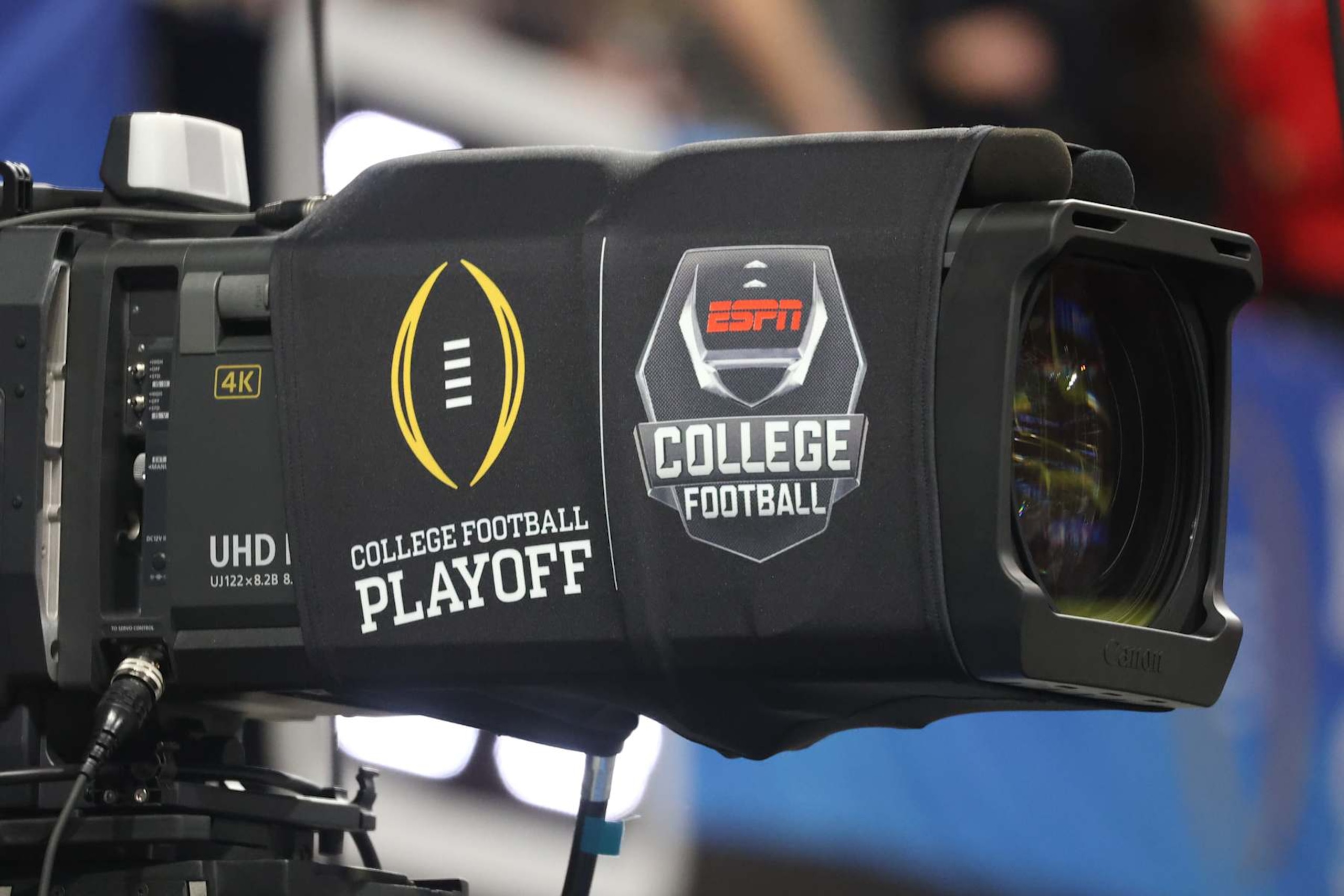 ATLANTA, GA - DECEMBER 31:  A general view of a television camera with ESPN college football and college football playoff logos during the college football Playoff Semifinal game at the Chick-fil-a Peach Bowl between the Georgia Bulldogs and the Ohio State Buckeyes on December 31, 2022 at Mercedes-Benz Stadium in Atlanta, Georgia.  (Photo by Michael Wade/Icon Sportswire via Getty Images)