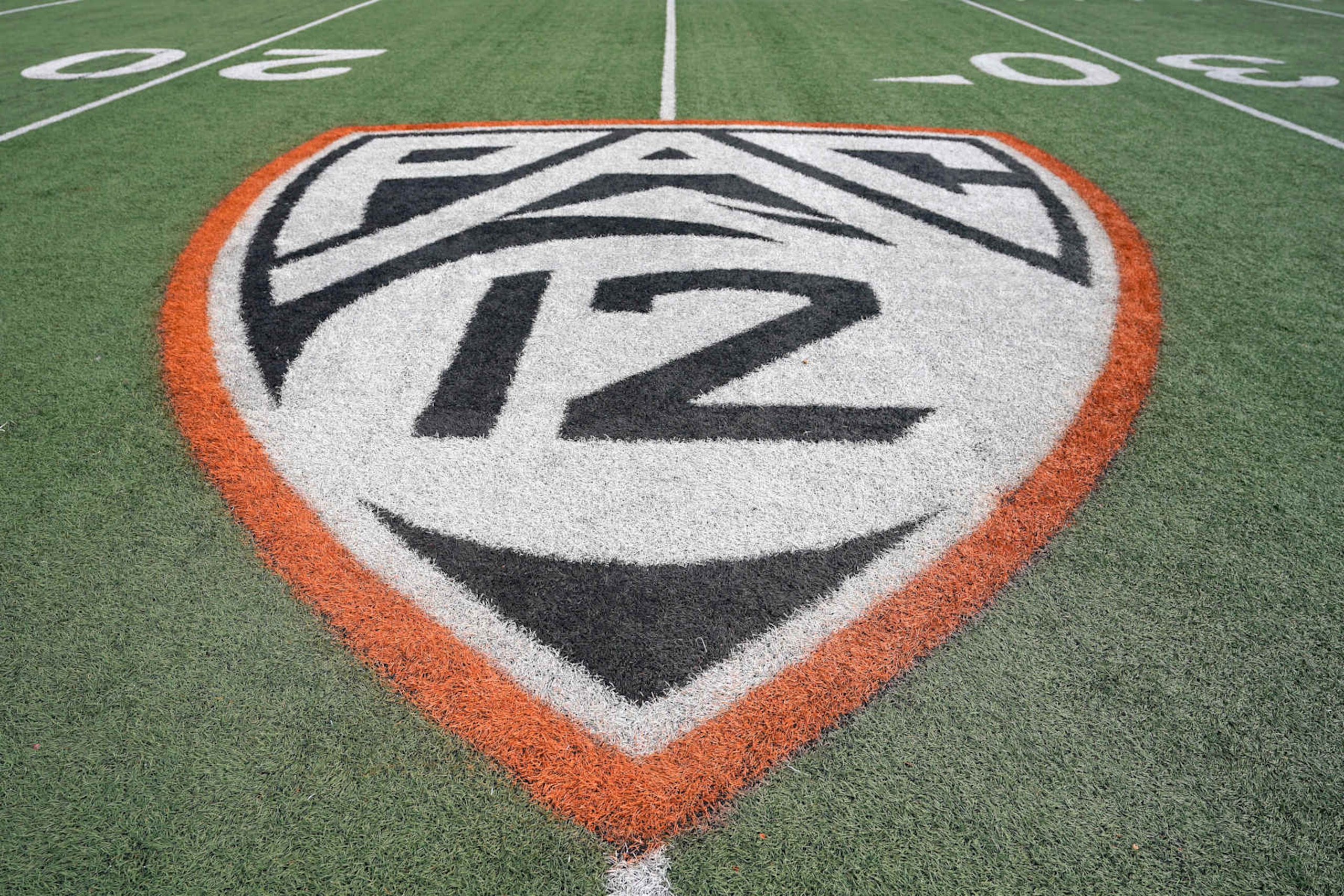 CORVALLIS, OREGON - SEPTEMBER 14: A view of the PAC-12 field logo before the game between the Oregon Ducks and the Oregon State Beavers at Reser Stadium on September 14, 2024 in Corvallis, Oregon.  (Photo by Soobum Im/Getty Images)
